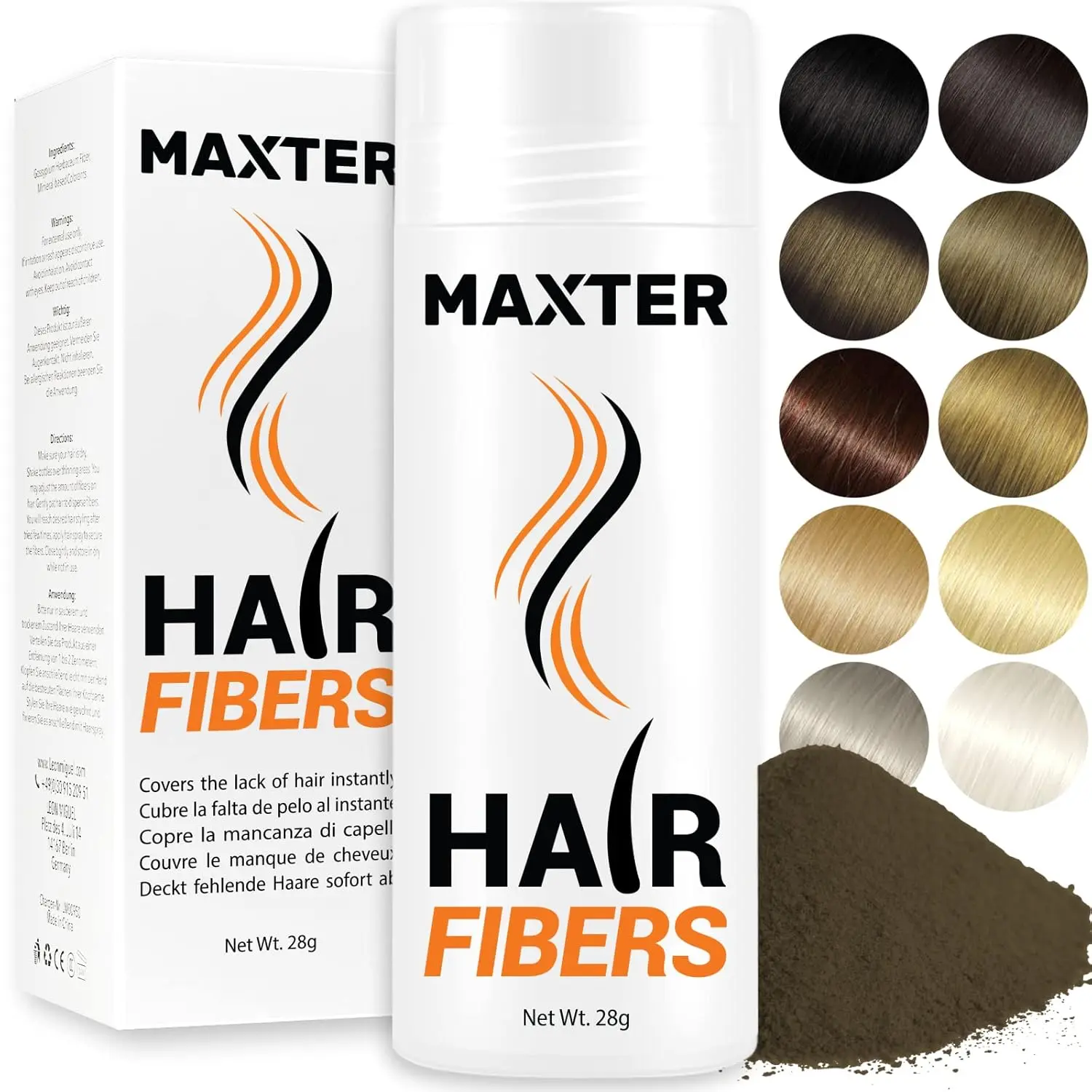 Maxter hair fibers in medium brown color instantly cover thinning hair and bald spots, creating a fuller, thicker look for both men and women.