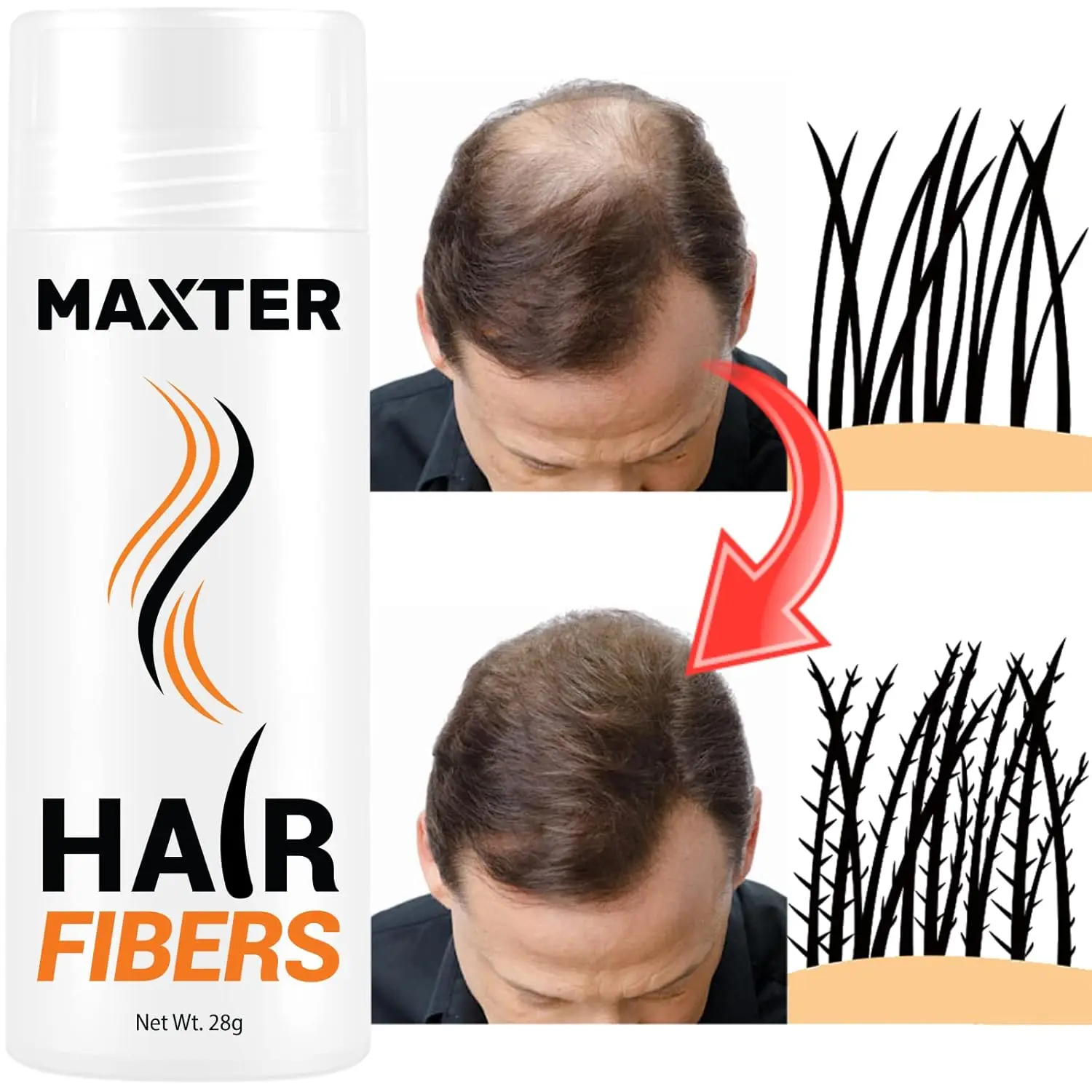 Maxter hair fibers in medium brown color instantly cover thinning hair and bald spots, creating a fuller, thicker look for both men and women.