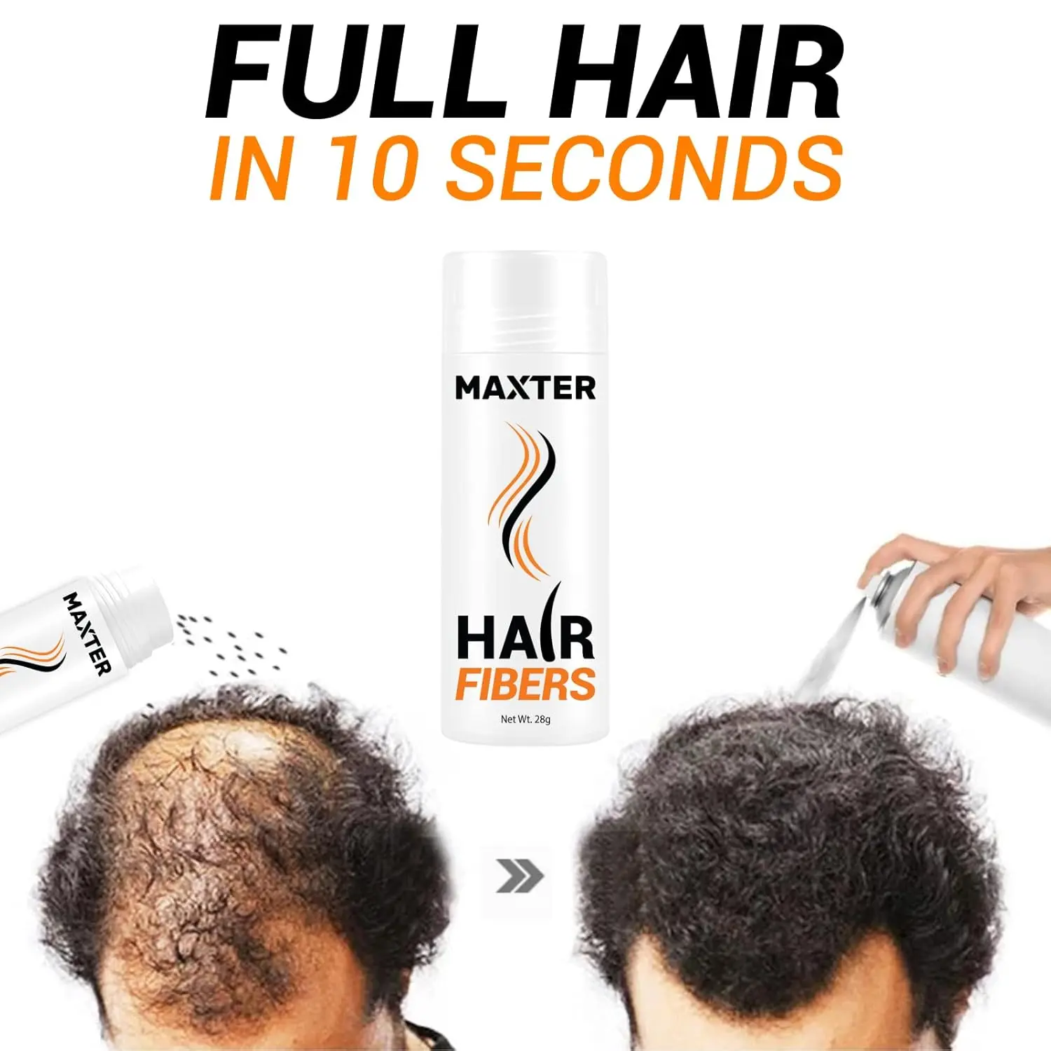 Maxter hair fibers in medium brown color instantly cover thinning hair and bald spots, creating a fuller, thicker look for both men and women.