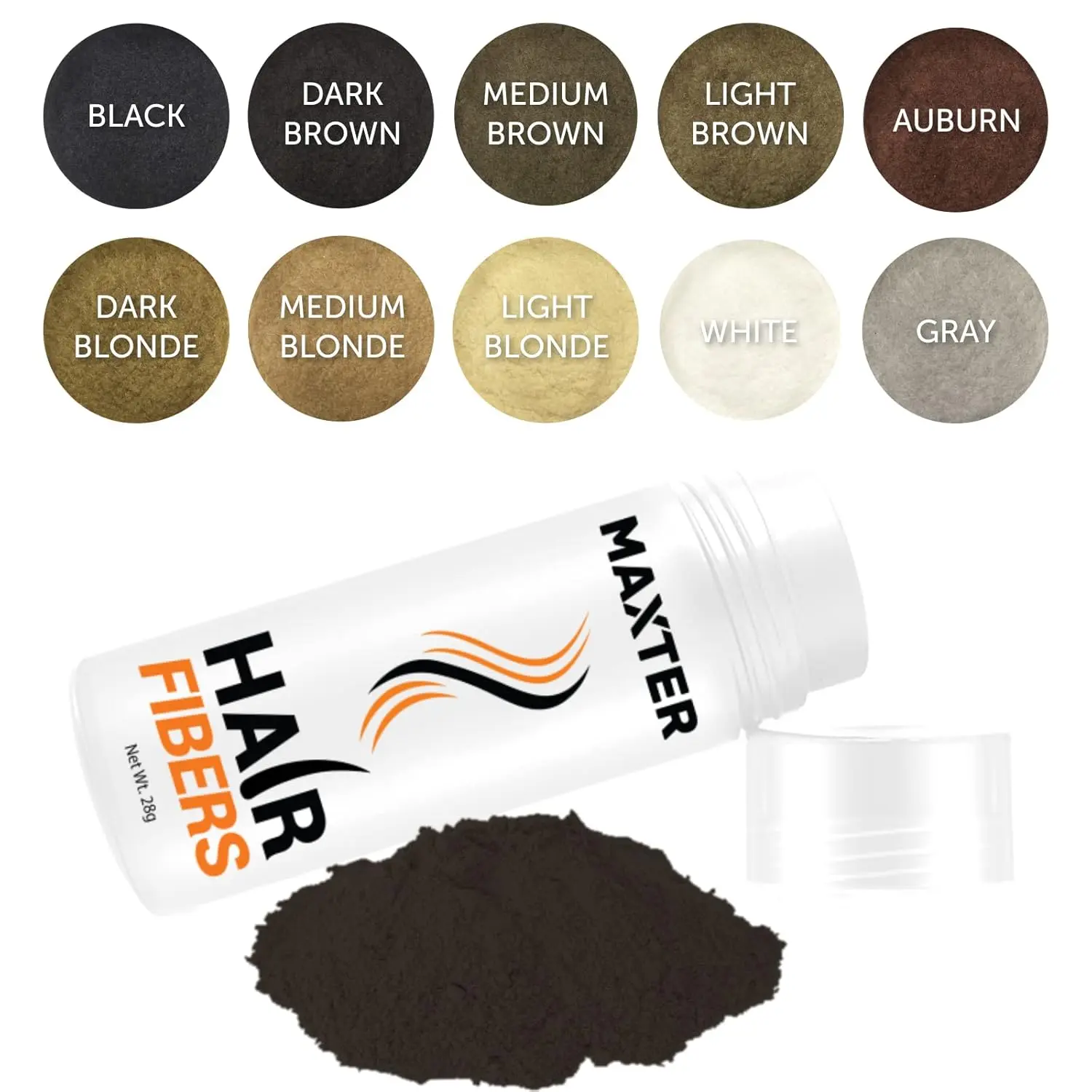 Maxter hair fibers in medium brown color instantly cover thinning hair and bald spots, creating a fuller, thicker look for both men and women.