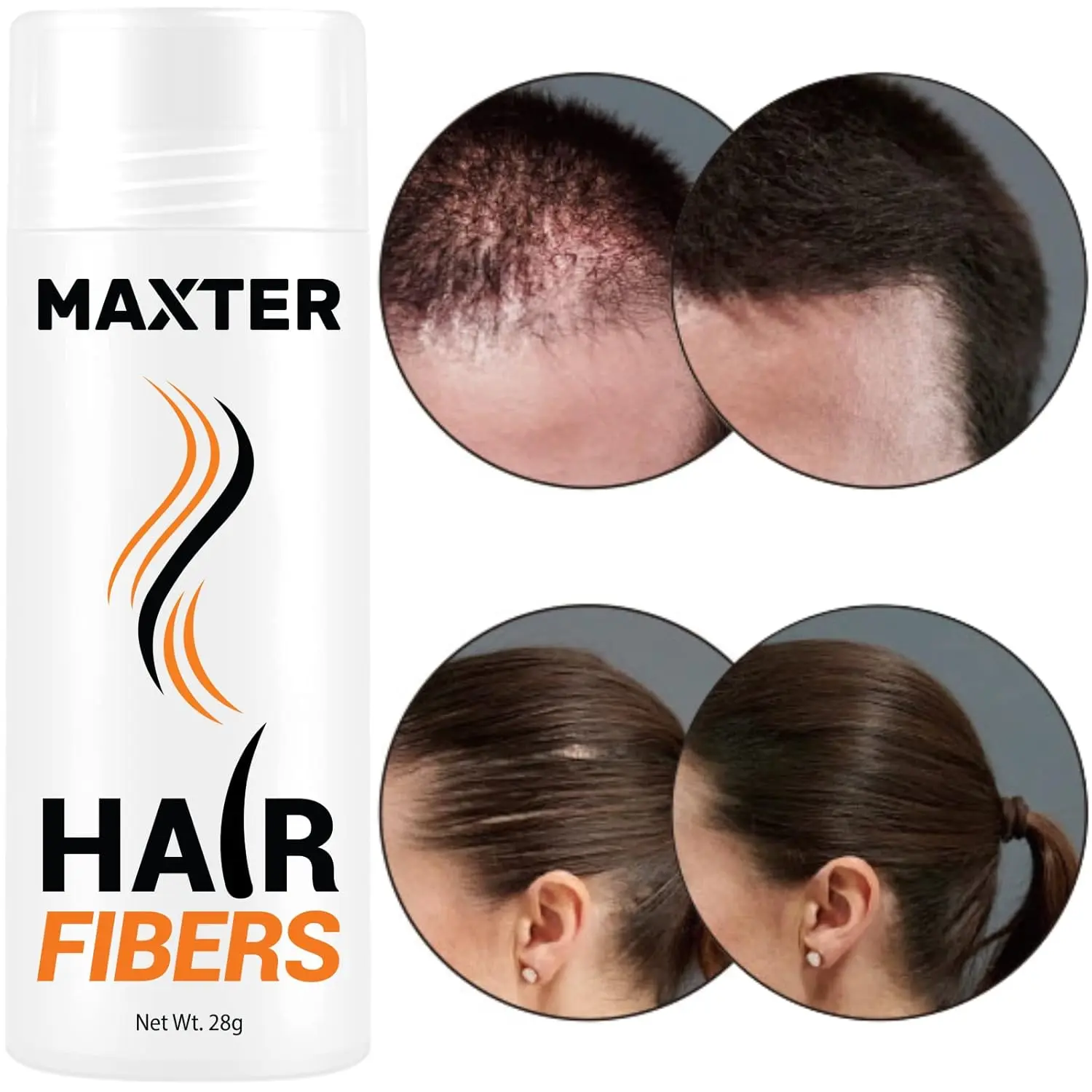 Maxter hair fibers in medium brown color instantly cover thinning hair and bald spots, creating a fuller, thicker look for both men and women.