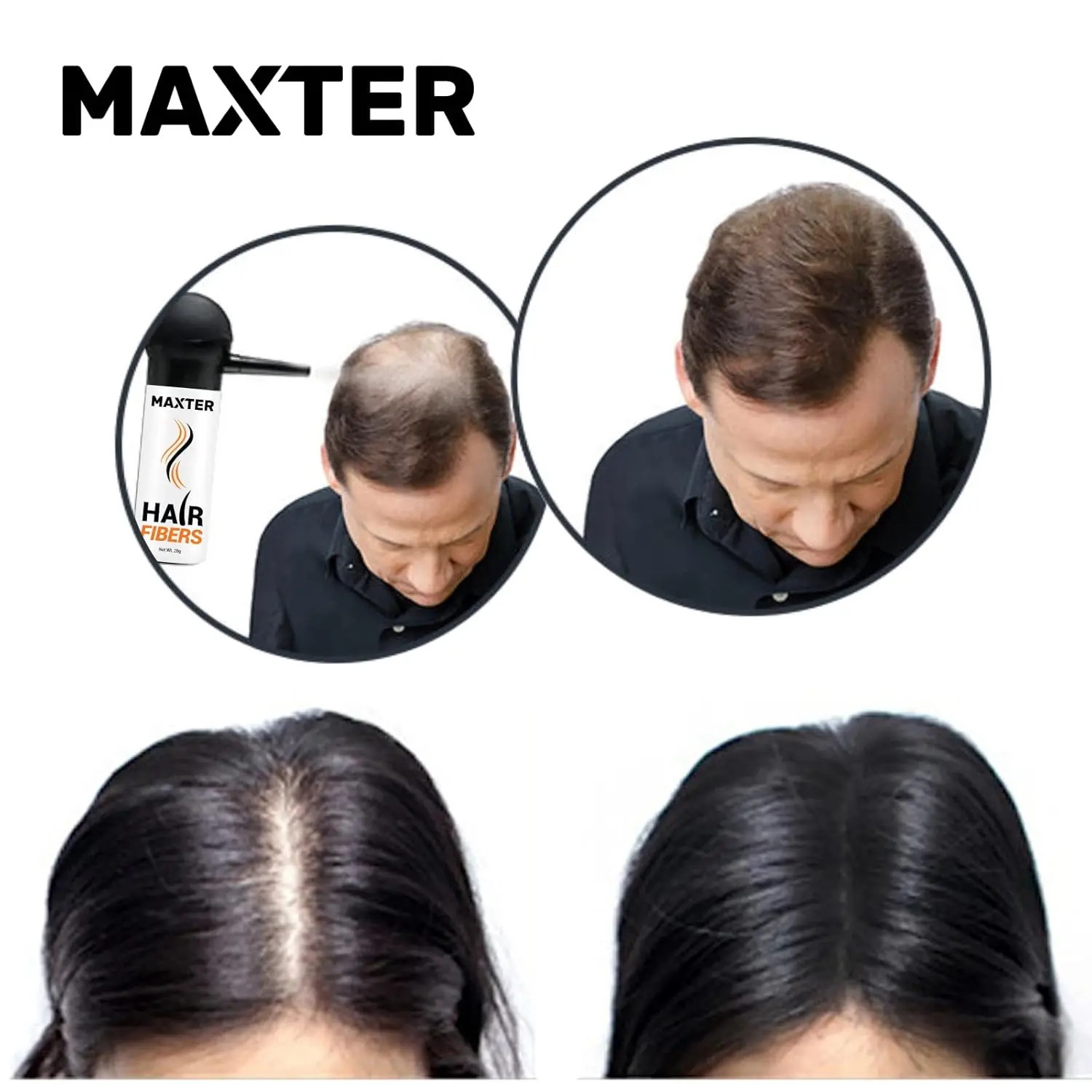 Maxter hair fibers in medium brown color instantly cover thinning hair and bald spots, creating a fuller, thicker look for both men and women.