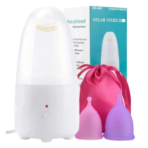 This menstrual cup steamer kit quickly sterilizes menstrual cups with high-temperature steam, featuring one-button control and including large and small reusable period cups for convenient and safe feminine hygiene.