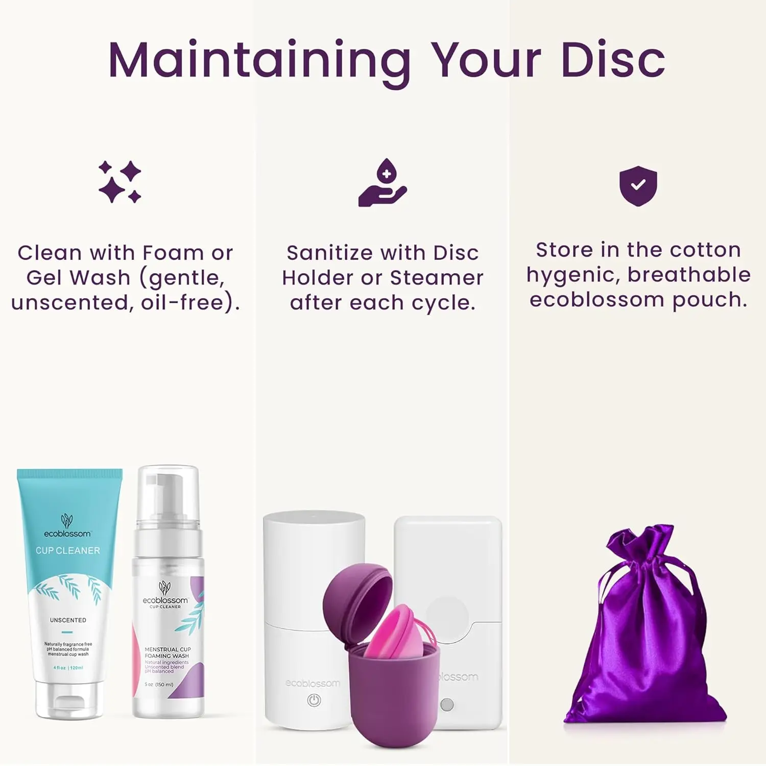 Ecoblossom reusable menstrual disc is a soft, flexible, and comfortable period cup made of medical-grade silicone, designed to provide 12-hour leak-proof protection and reduce irritation during menstruation.