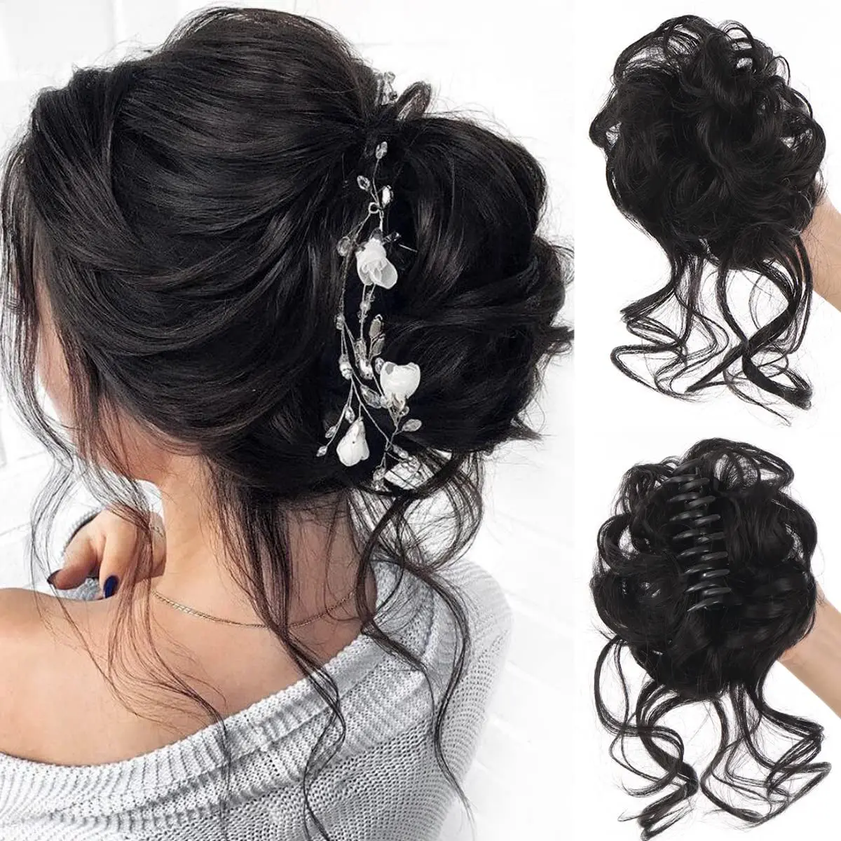 Two black messy bun claw clip hair pieces add volume and style to a ponytail or bun for women.