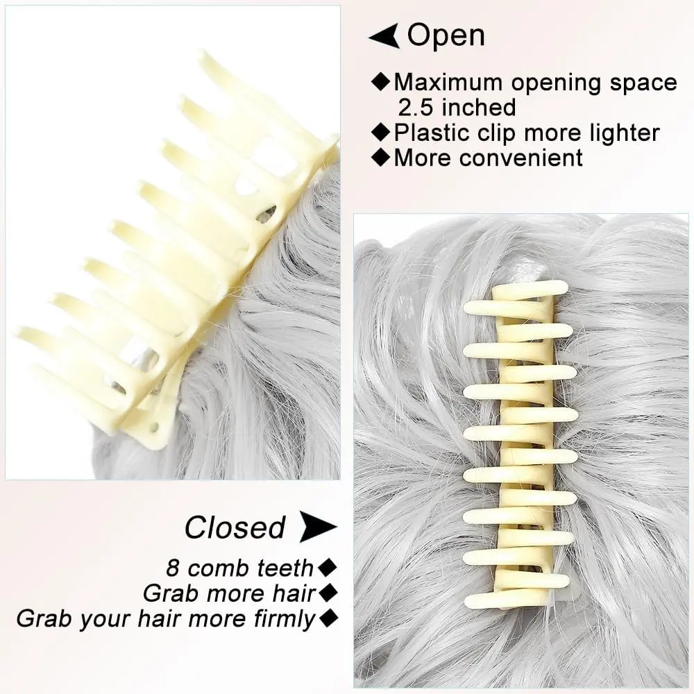 Silver grey messy bun hair piece with claw clip attachment creating a quick and easy tousled updo hairstyle for women.