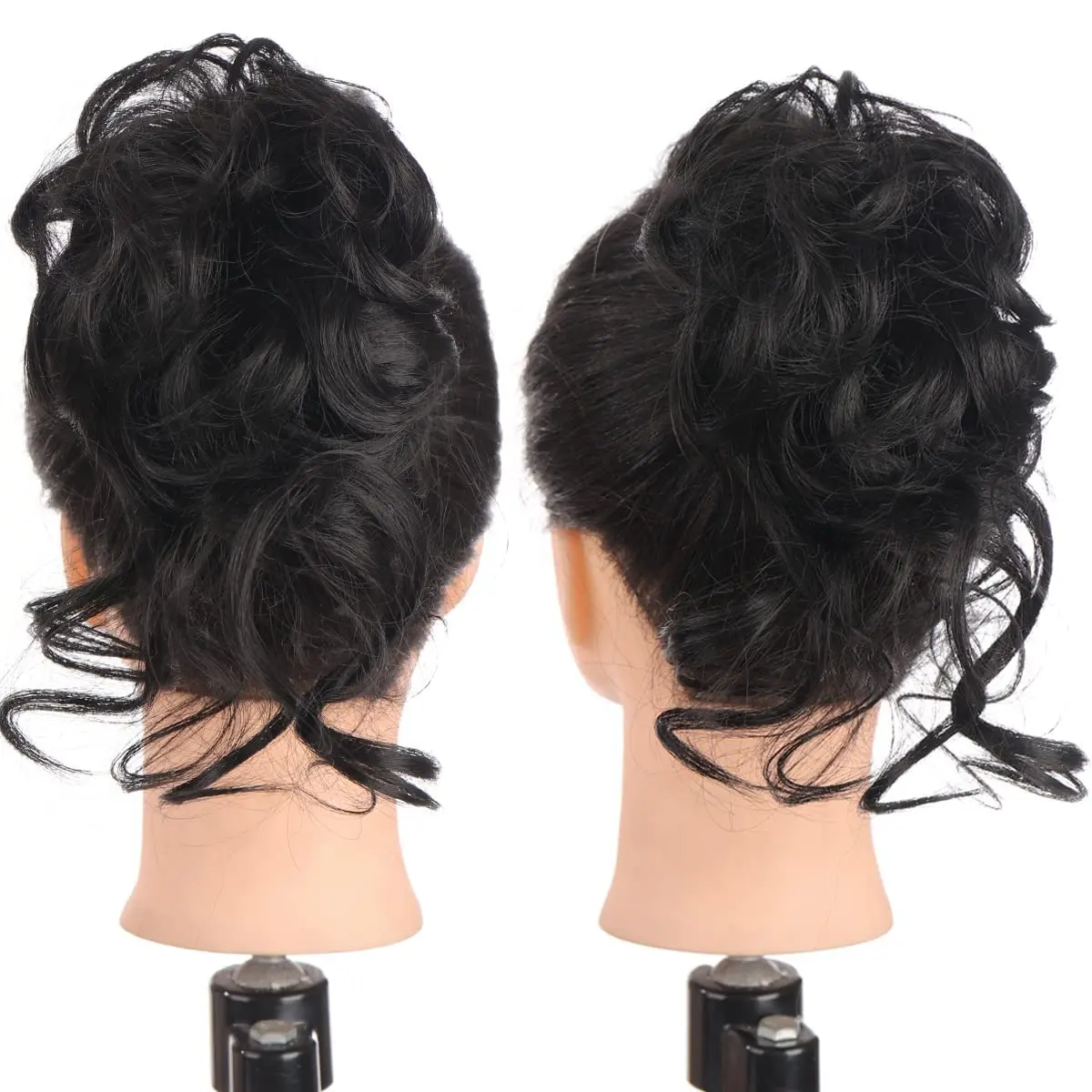 Two black messy bun claw clip hair pieces add volume and style to a ponytail or bun for women.