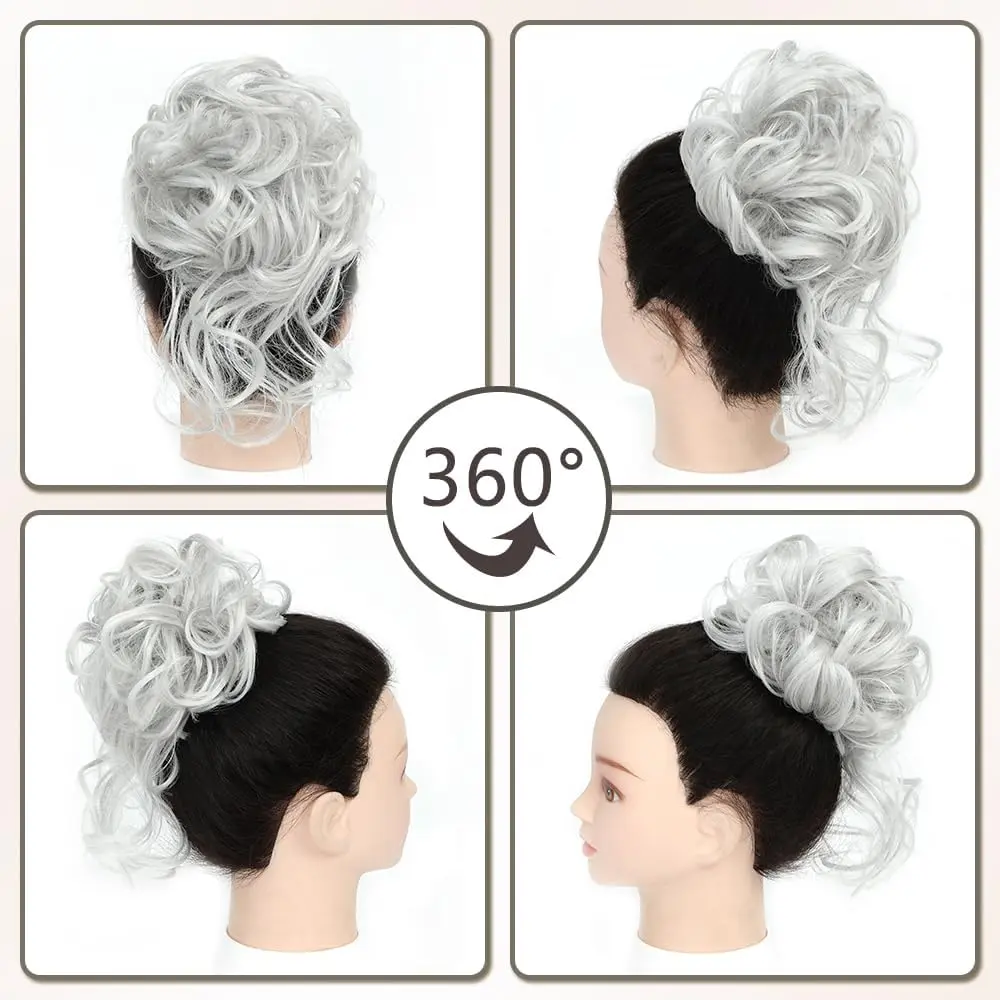 Silver grey messy bun hair piece with claw clip attachment creating a quick and easy tousled updo hairstyle for women.