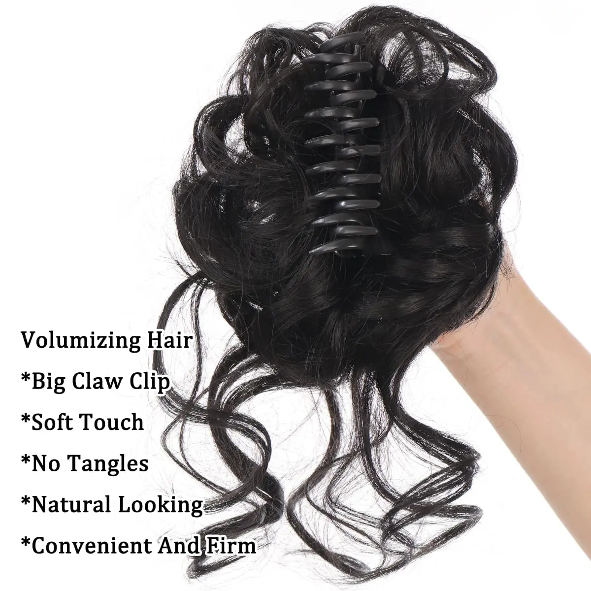 Two black messy bun claw clip hair pieces add volume and style to a ponytail or bun for women.