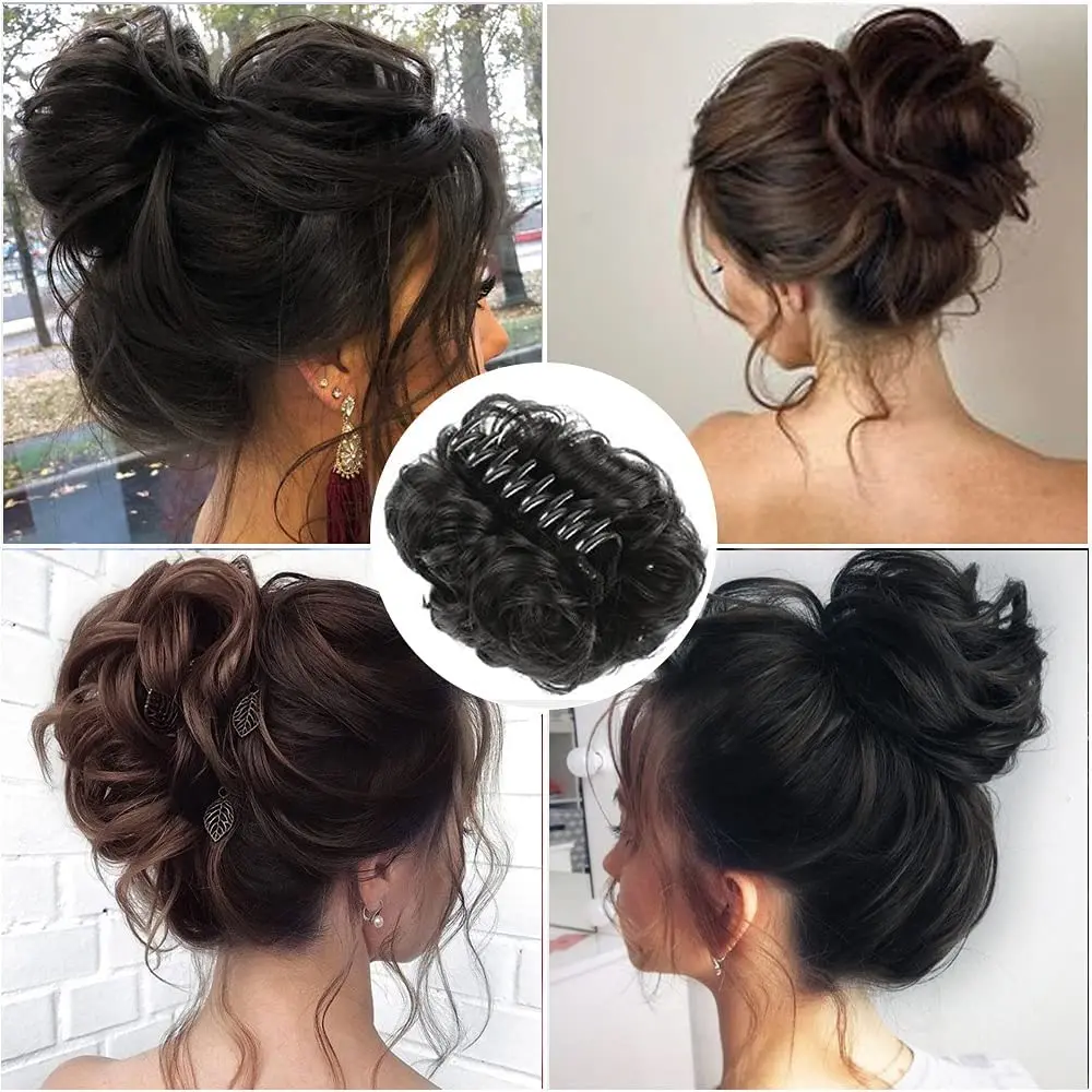 Two black messy bun claw clip hair pieces add volume and style to a ponytail or bun for women.