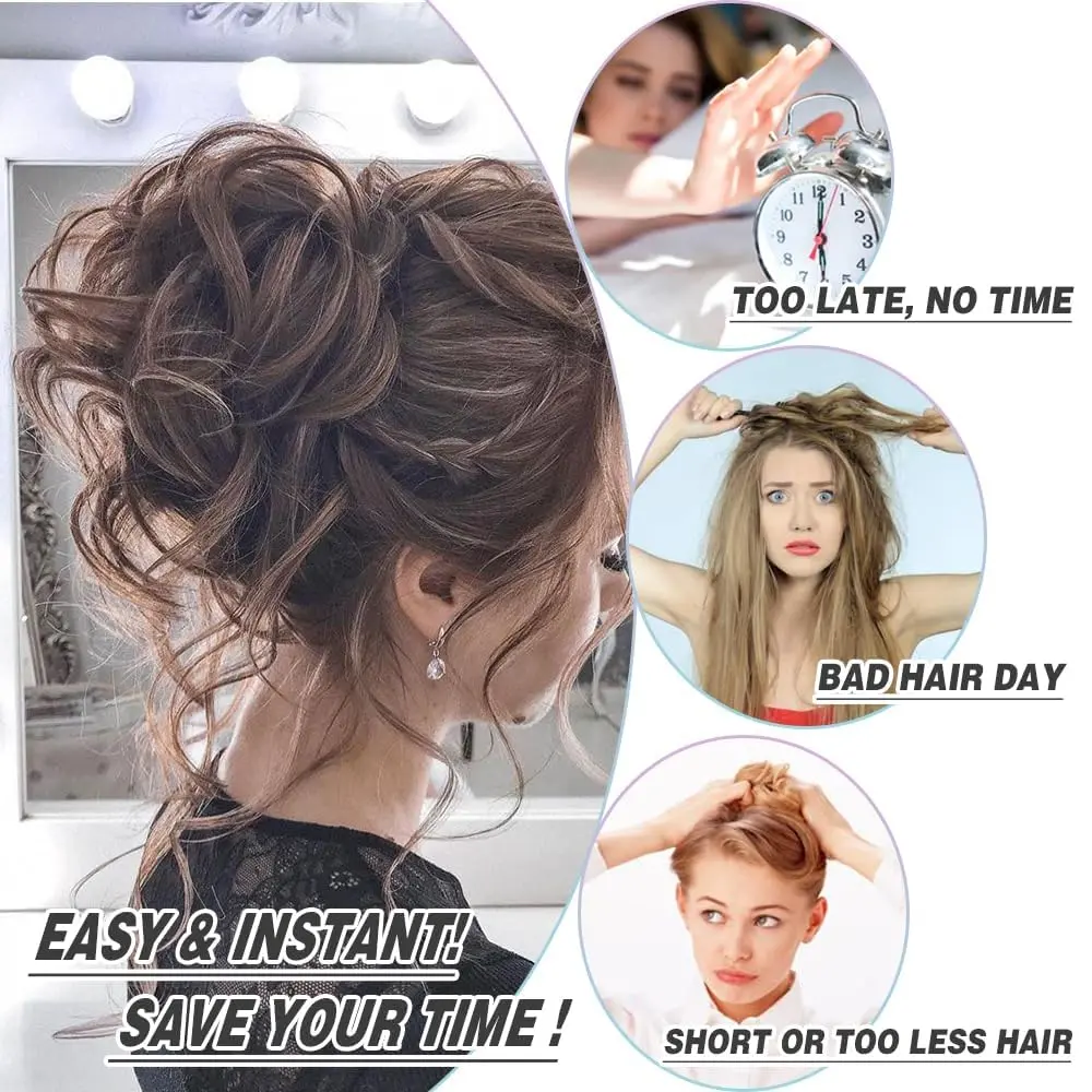 Silver grey messy bun hair piece with claw clip attachment creating a quick and easy tousled updo hairstyle for women.