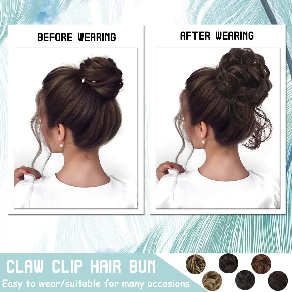 Two black messy bun claw clip hair pieces add volume and style to a ponytail or bun for women.