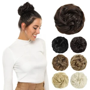 Dark chocolate brown messy bun hair piece adds volume and effortless style to a woman's updo.