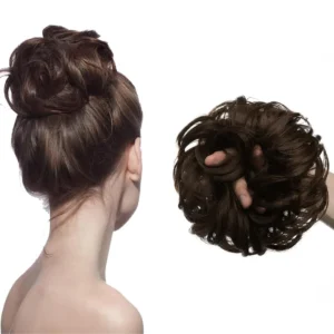 Natural brown messy bun hair extension that adds instant volume and effortless style, perfect for a quick and stylish hairdo.