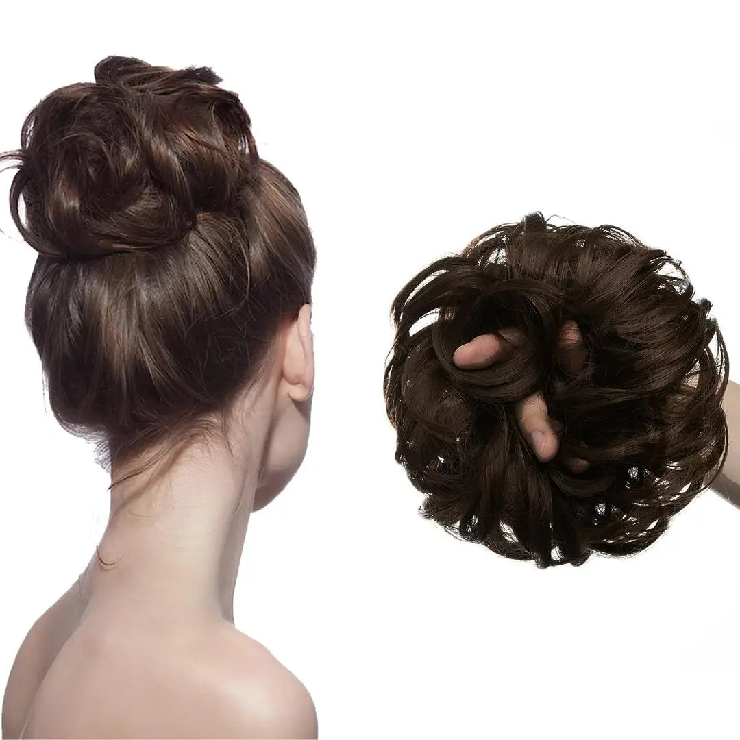 Natural brown messy bun hair extension that adds instant volume and effortless style, perfect for a quick and stylish hairdo.