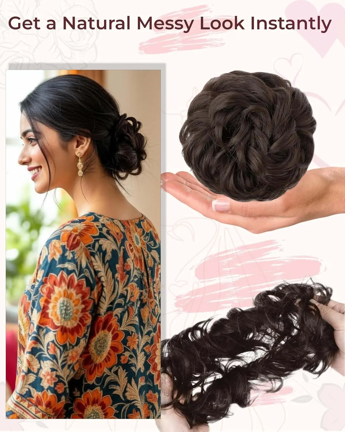 Natural brown messy bun hair extension that adds instant volume and effortless style, perfect for a quick and stylish hairdo.