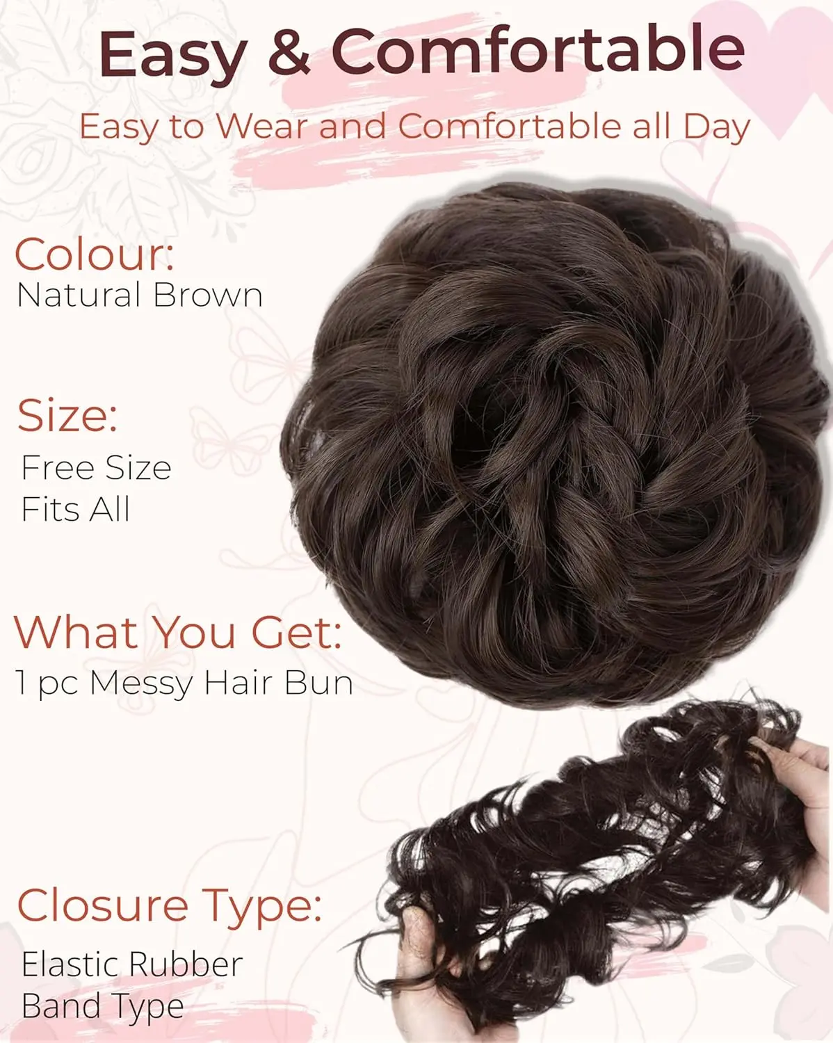 Natural brown messy bun hair extension that adds instant volume and effortless style, perfect for a quick and stylish hairdo.