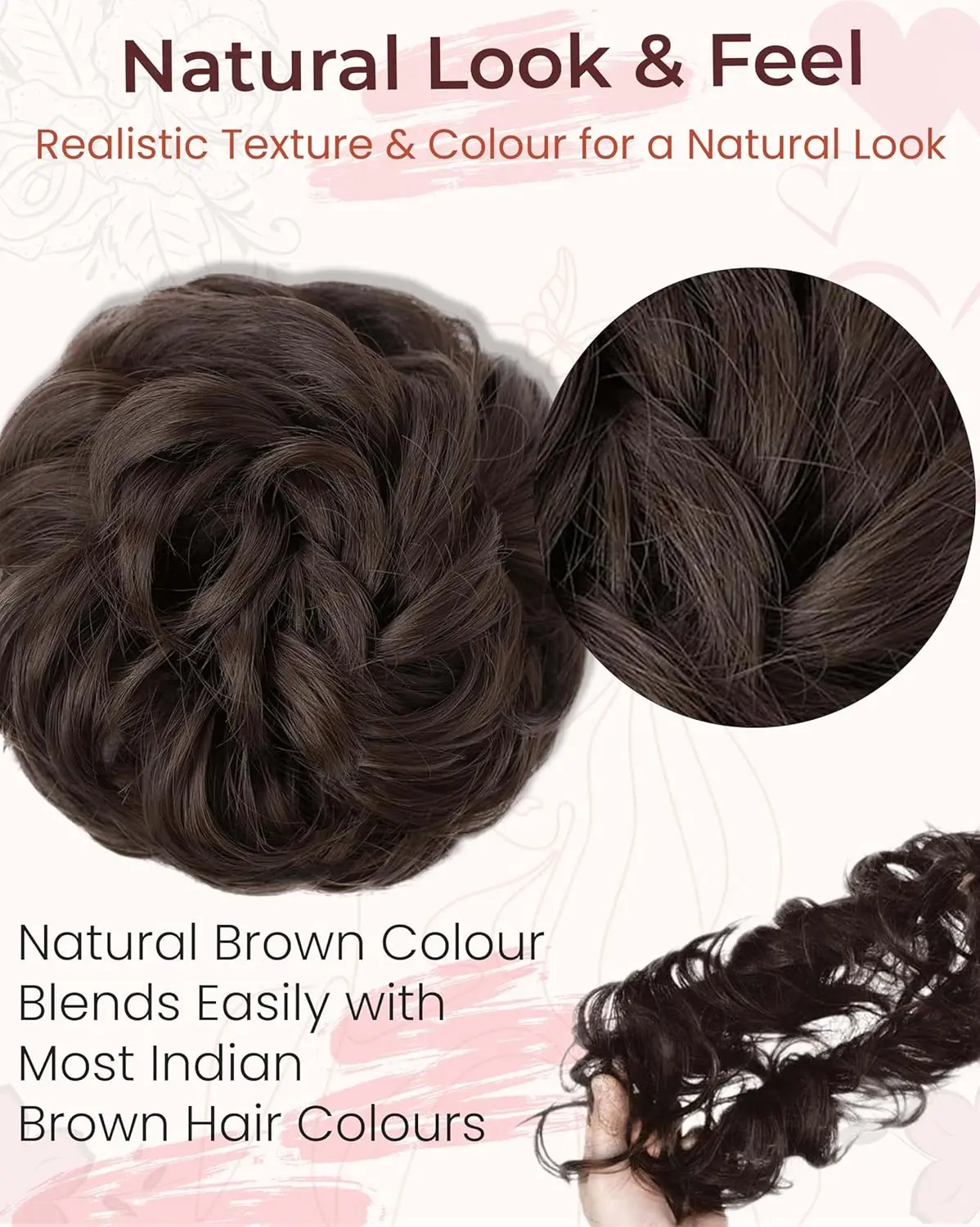 Natural brown messy bun hair extension that adds instant volume and effortless style, perfect for a quick and stylish hairdo.