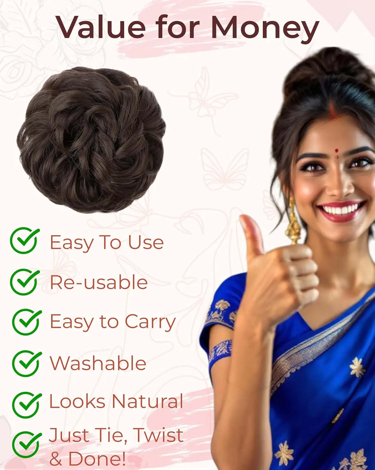 Natural brown messy bun hair extension that adds instant volume and effortless style, perfect for a quick and stylish hairdo.