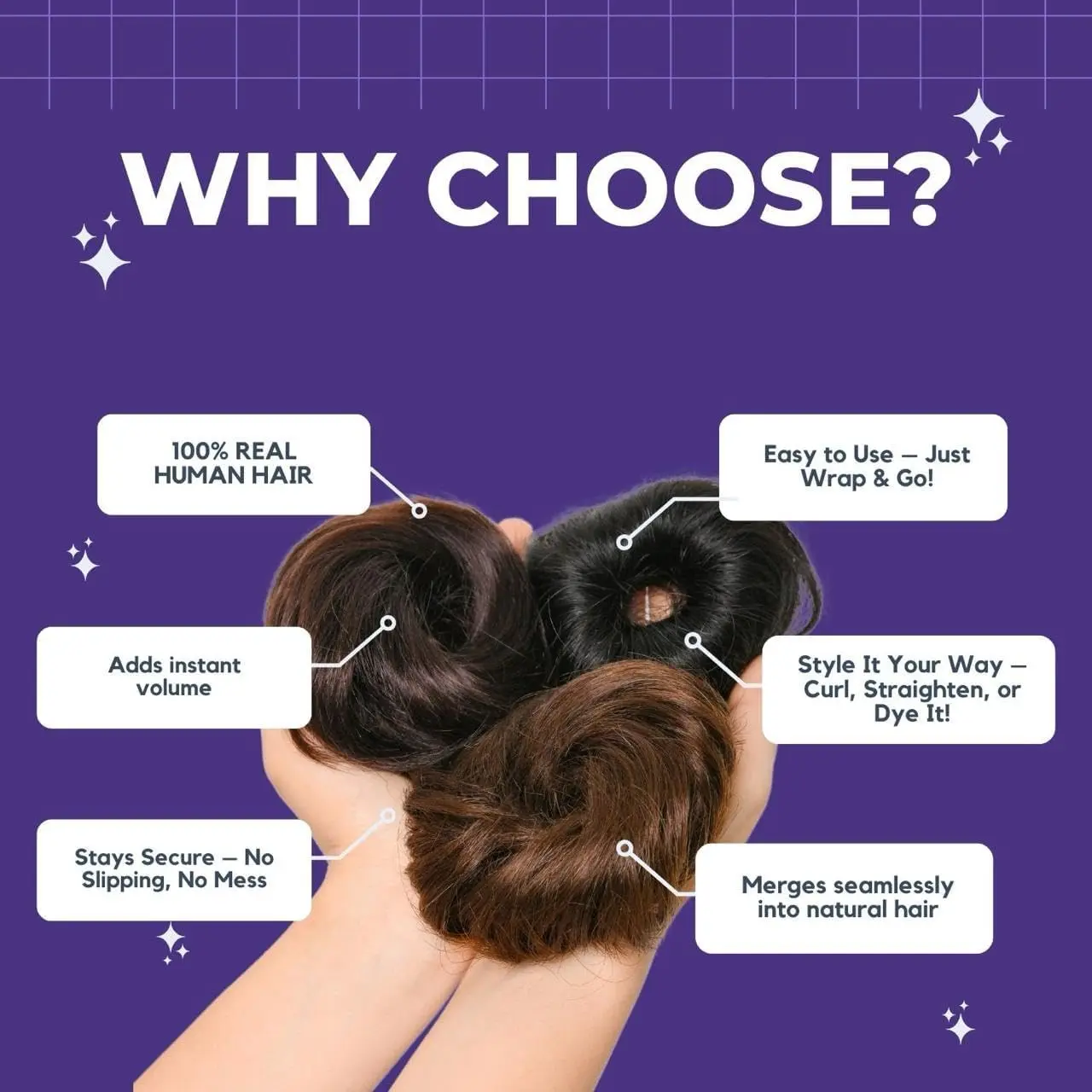 Natural black messy bun hair extension made with real human hair, perfect for creating effortless, trendy hairstyles for women and girls.