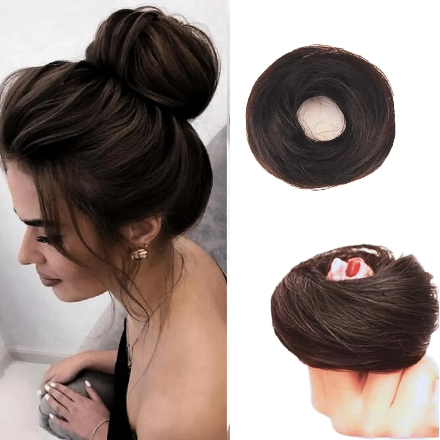 Natural black messy bun hair extension made with real human hair, perfect for creating effortless, trendy hairstyles for women and girls.