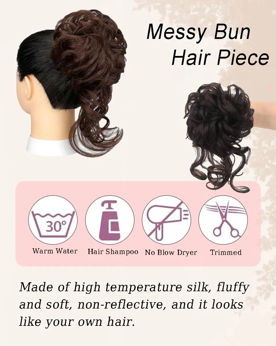 Two dark brown messy bun hair extensions, one with a claw clip and the other with a rubber band, offering easy and elegant updo hairstyles.