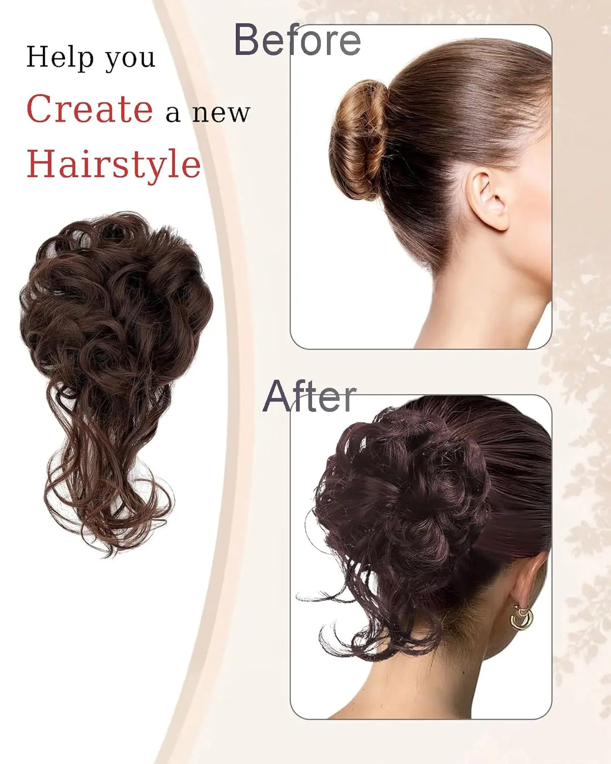 Two dark brown messy bun hair extensions, one with a claw clip and the other with a rubber band, offering easy and elegant updo hairstyles.