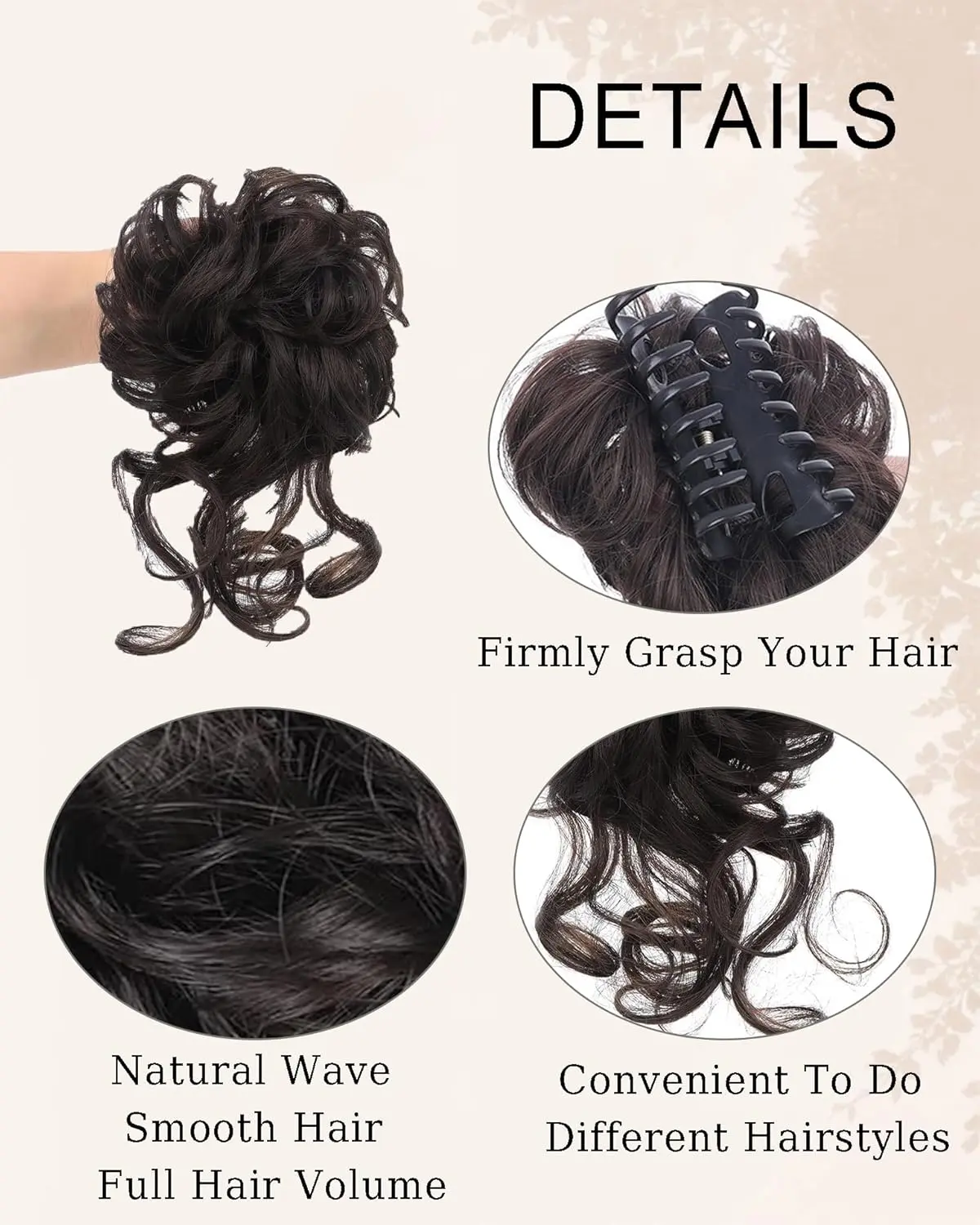 Two dark brown messy bun hair extensions, one with a claw clip and the other with a rubber band, offering easy and elegant updo hairstyles.