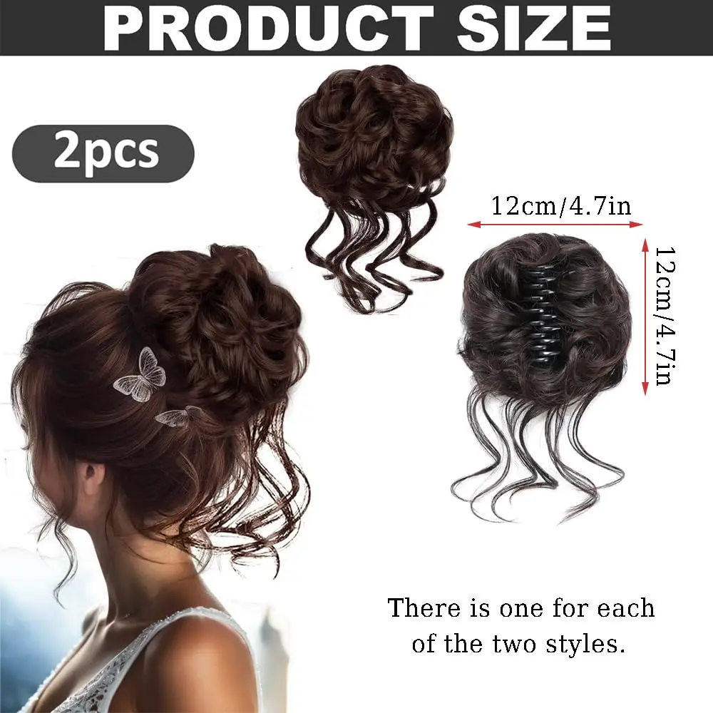 Two dark brown messy bun hair extensions, one with a claw clip and the other with a rubber band, offering easy and elegant updo hairstyles.
