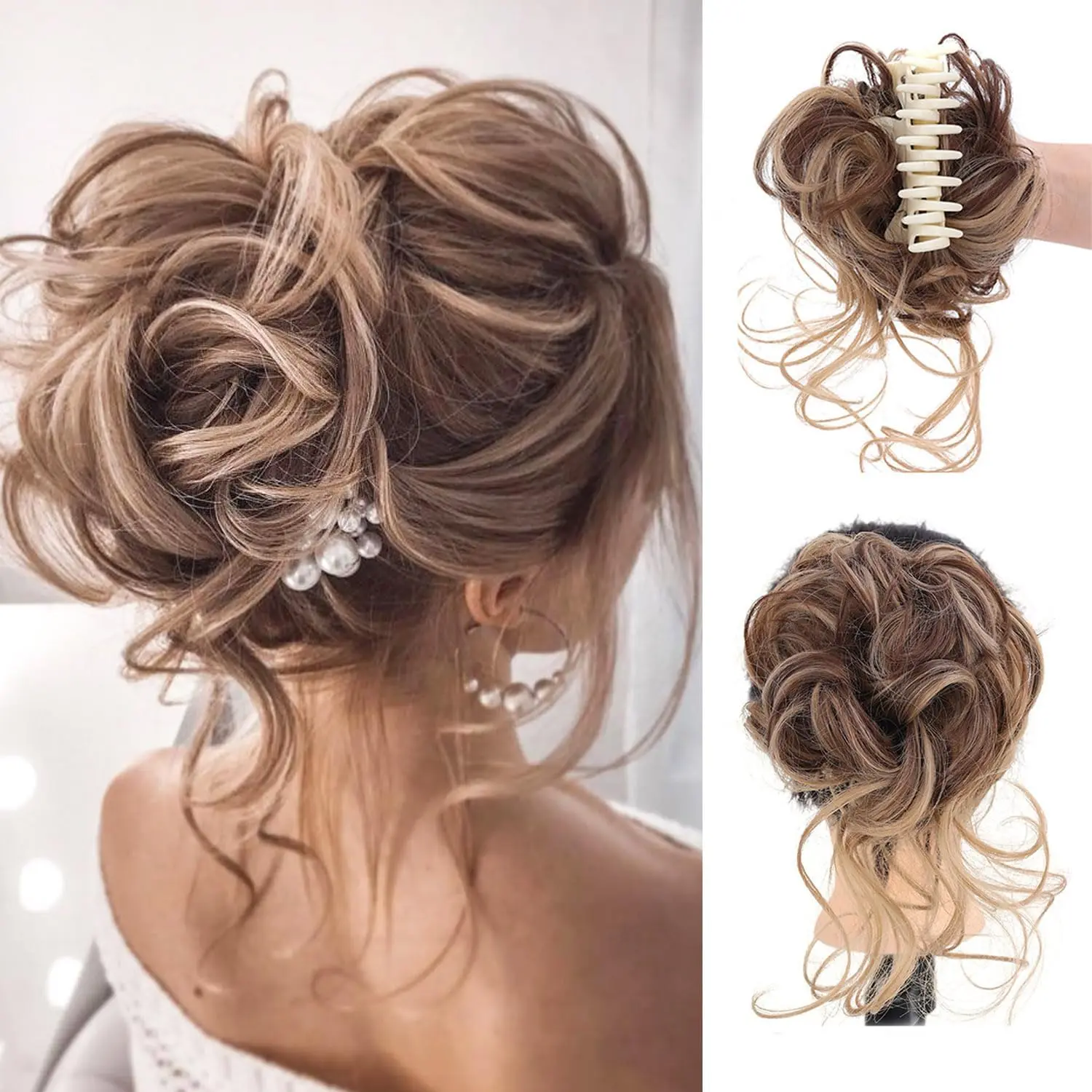This messy bun hair piece with a claw clip is a synthetic chignon that creates a tousled updo and adds volume with its curly, wavy hair extensions, perfect for a quick and easy hairstyle.