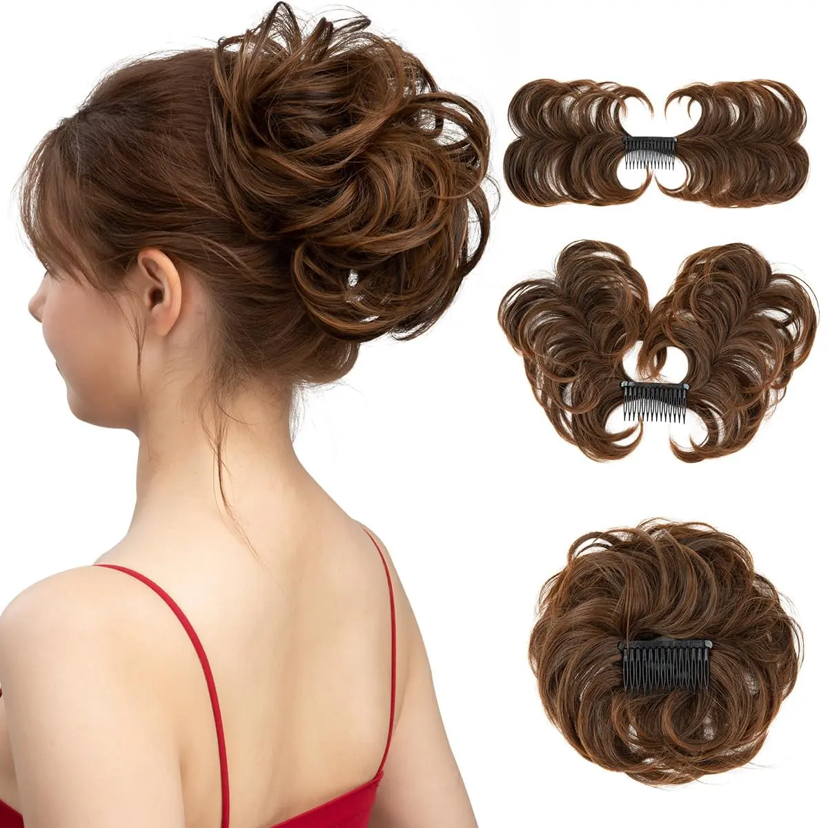 Ginger brown and light auburn messy bun hair piece adds effortless volume and style to a ponytail or bun with its adjustable elastic band.