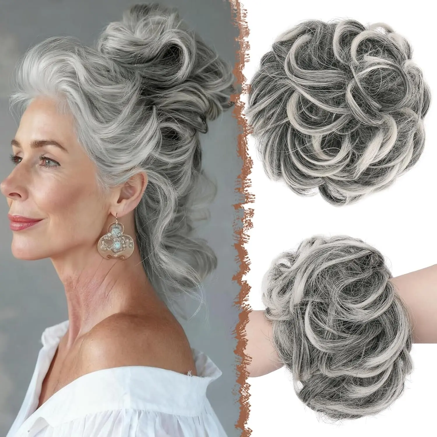 Large gray and white messy bun hair piece creates a voluminous ponytail extension with its wavy, curly synthetic fibers.