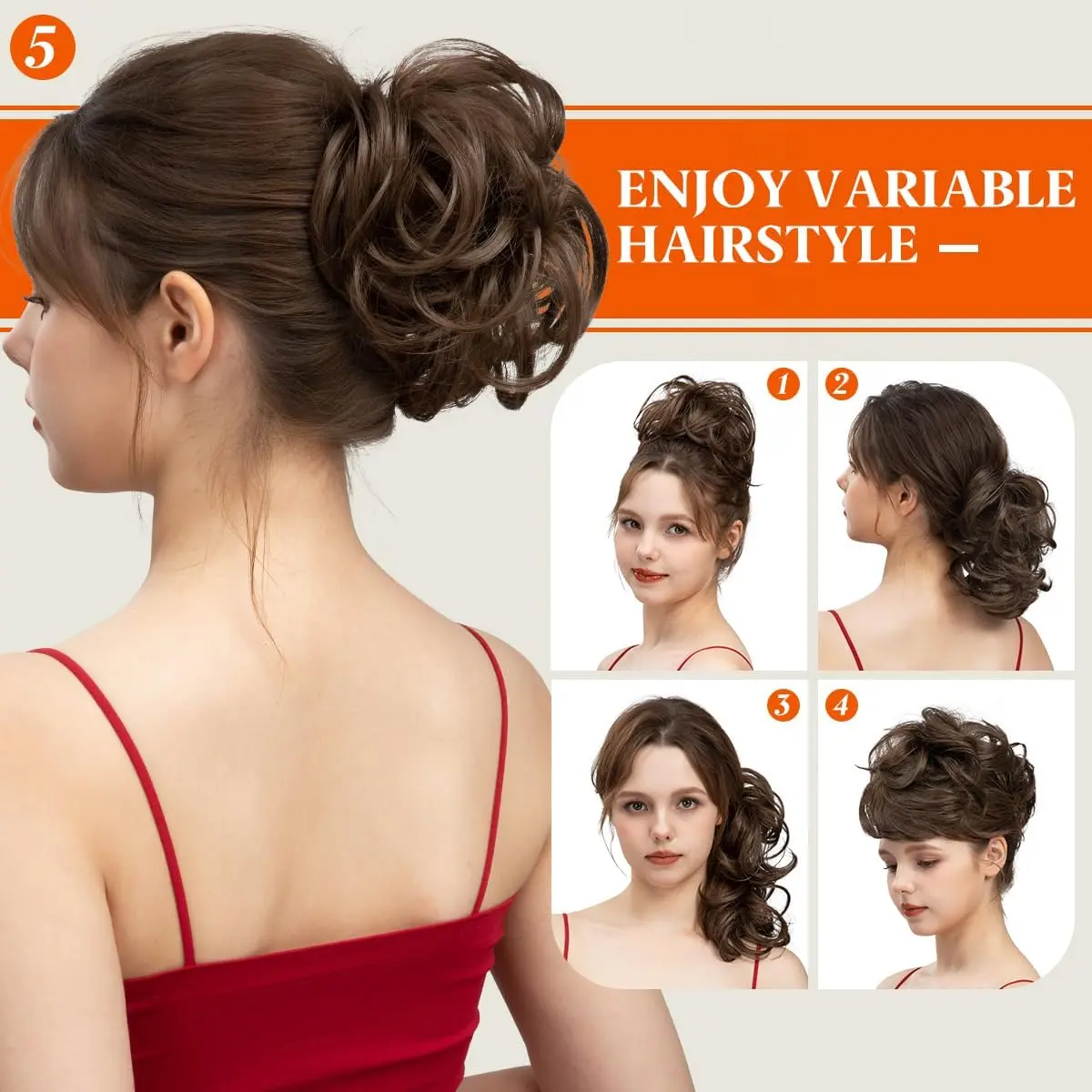 Ginger brown and light auburn messy bun hair piece adds effortless volume and style to a ponytail or bun with its adjustable elastic band.