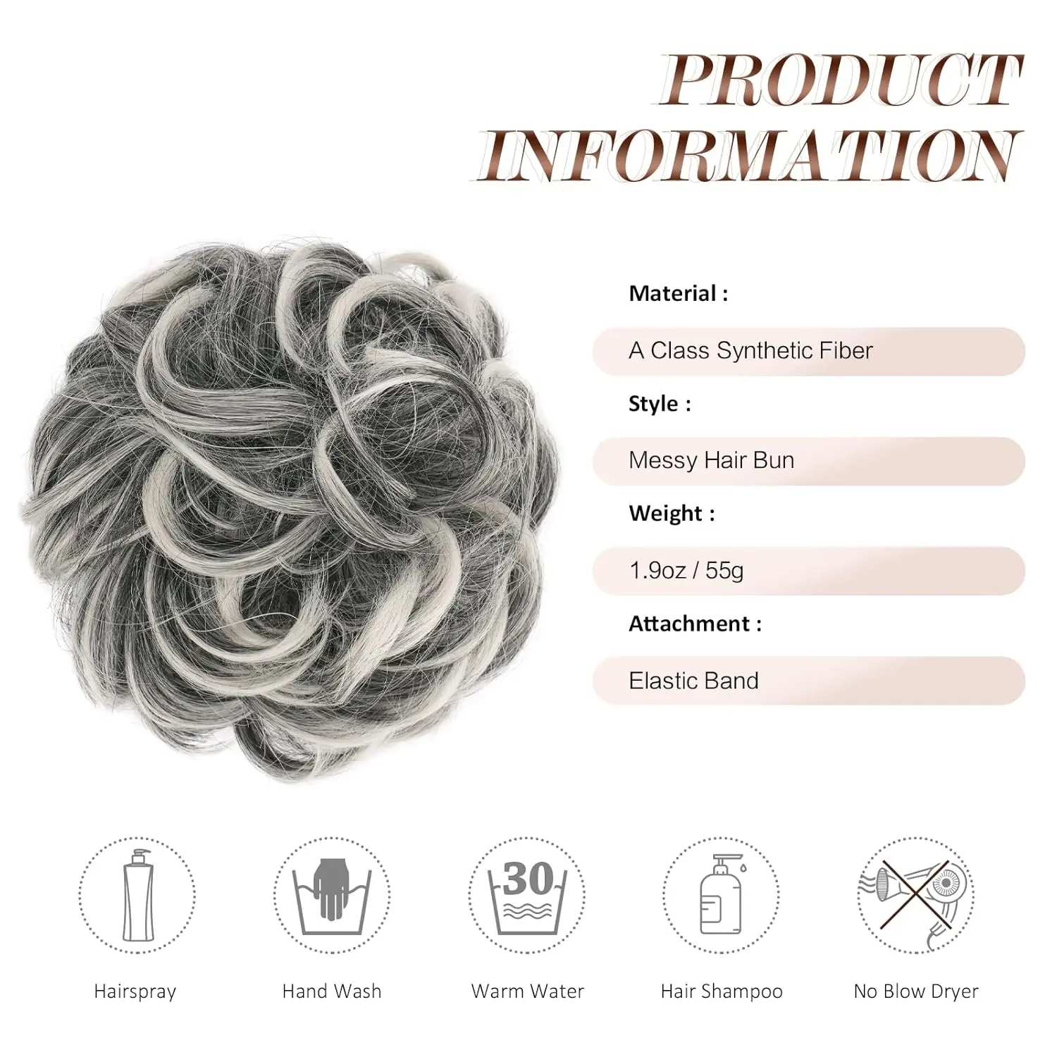 Large gray and white messy bun hair piece creates a voluminous ponytail extension with its wavy, curly synthetic fibers.
