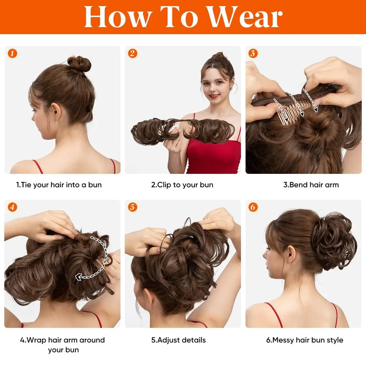 Ginger brown and light auburn messy bun hair piece adds effortless volume and style to a ponytail or bun with its adjustable elastic band.