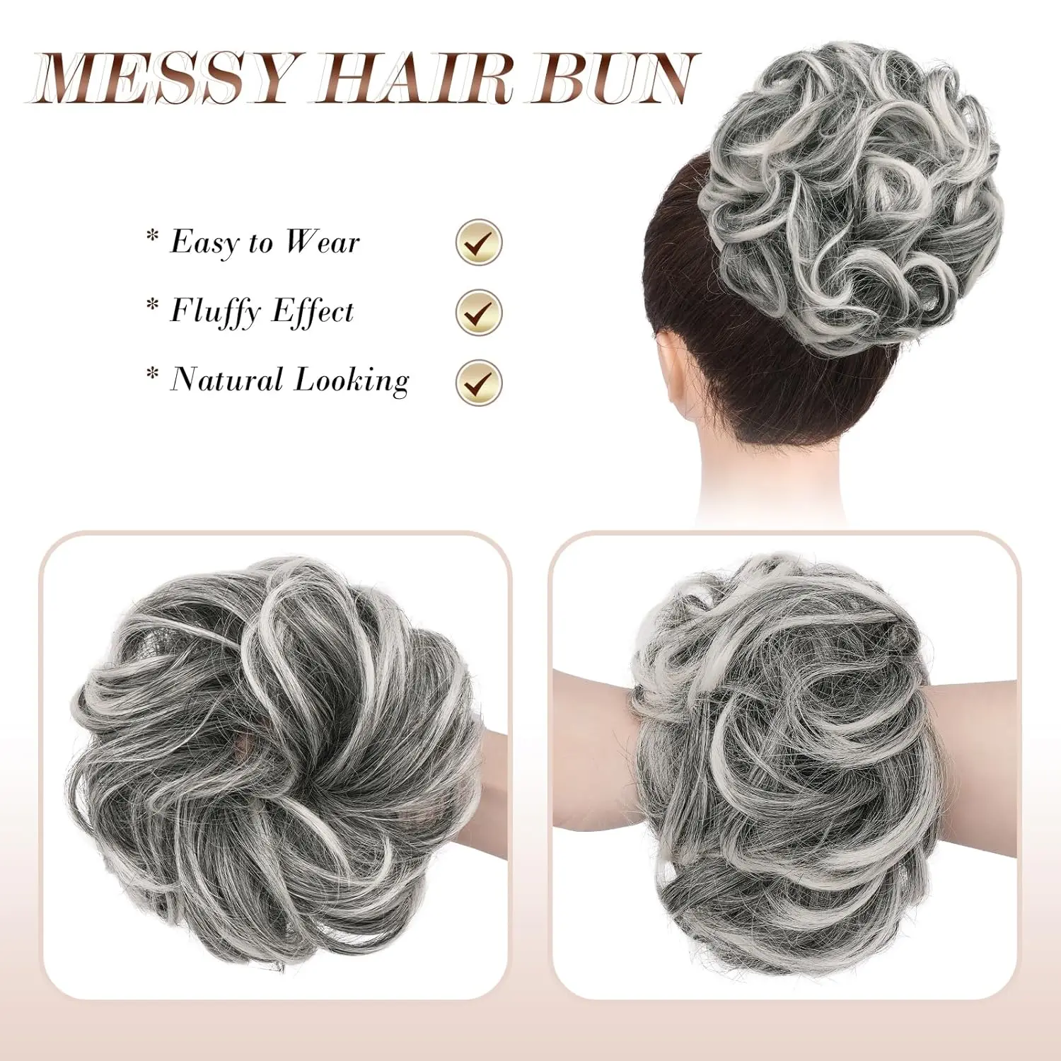 Large gray and white messy bun hair piece creates a voluminous ponytail extension with its wavy, curly synthetic fibers.