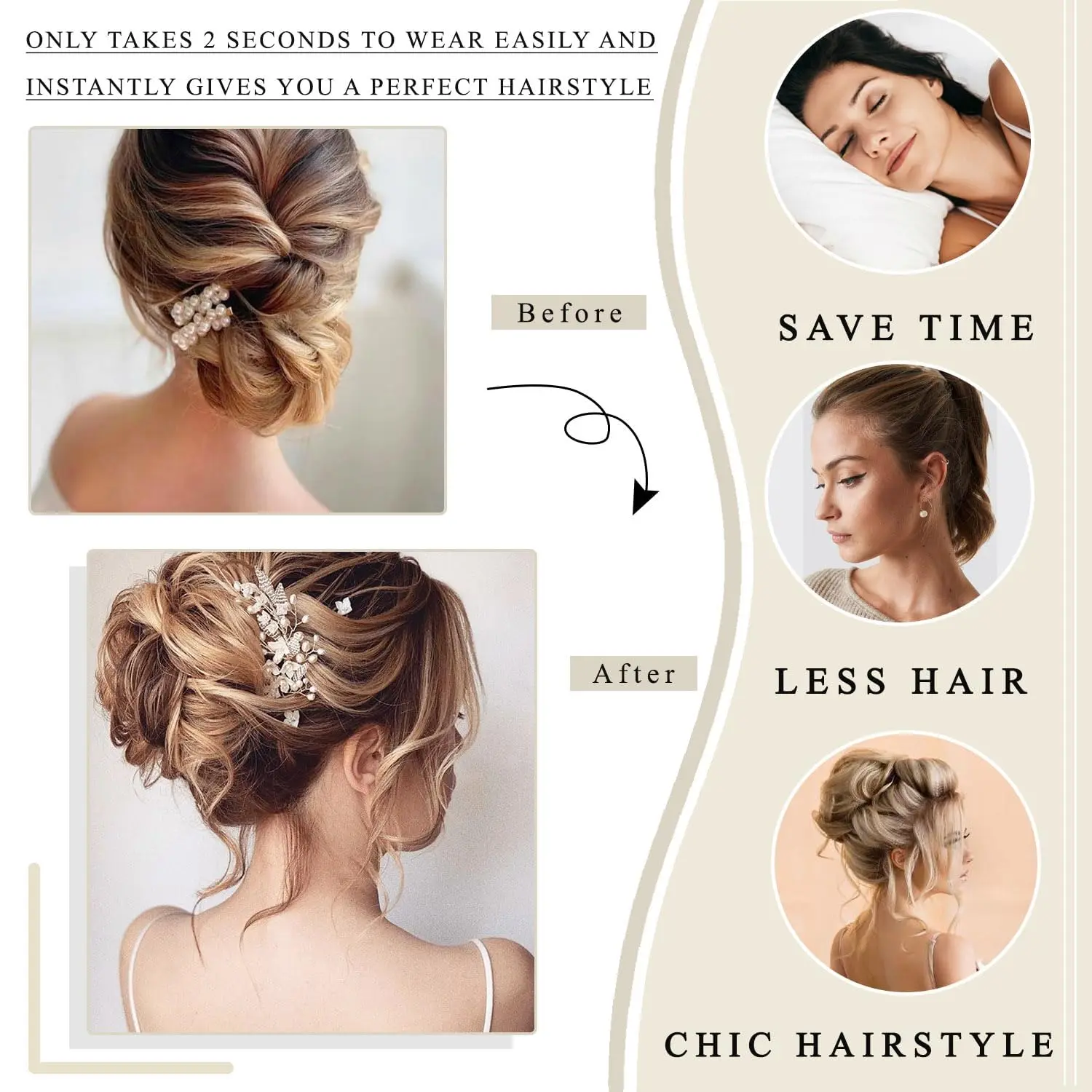 This messy bun hair piece with a claw clip is a synthetic chignon that creates a tousled updo and adds volume with its curly, wavy hair extensions, perfect for a quick and easy hairstyle.