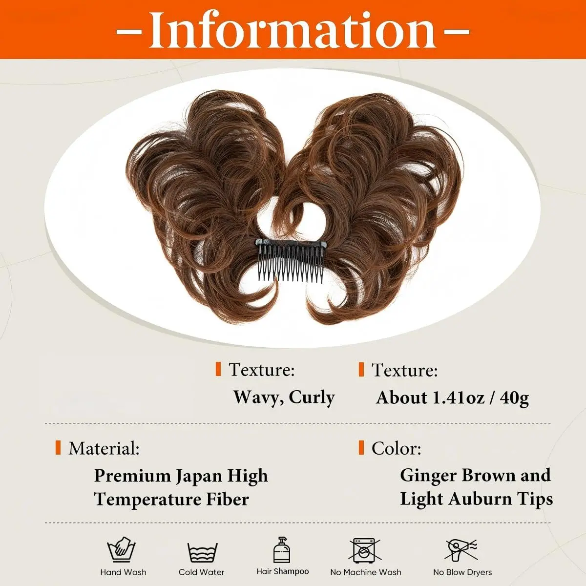 Ginger brown and light auburn messy bun hair piece adds effortless volume and style to a ponytail or bun with its adjustable elastic band.