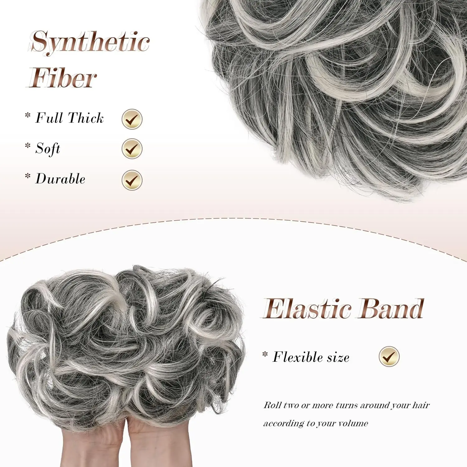 Large gray and white messy bun hair piece creates a voluminous ponytail extension with its wavy, curly synthetic fibers.