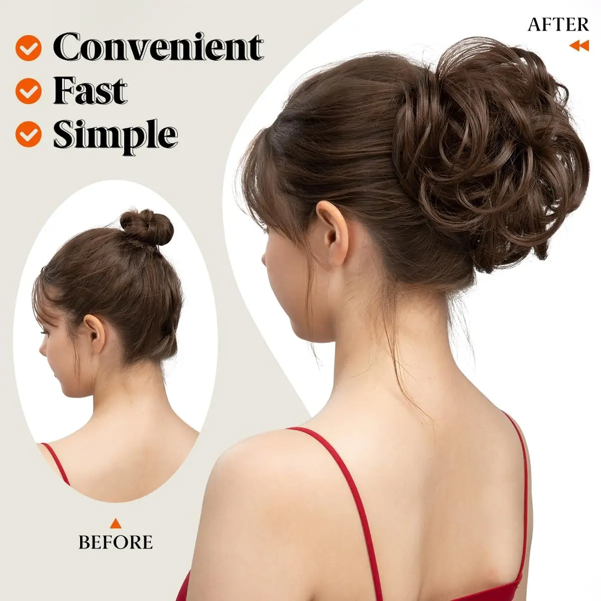 Ginger brown and light auburn messy bun hair piece adds effortless volume and style to a ponytail or bun with its adjustable elastic band.