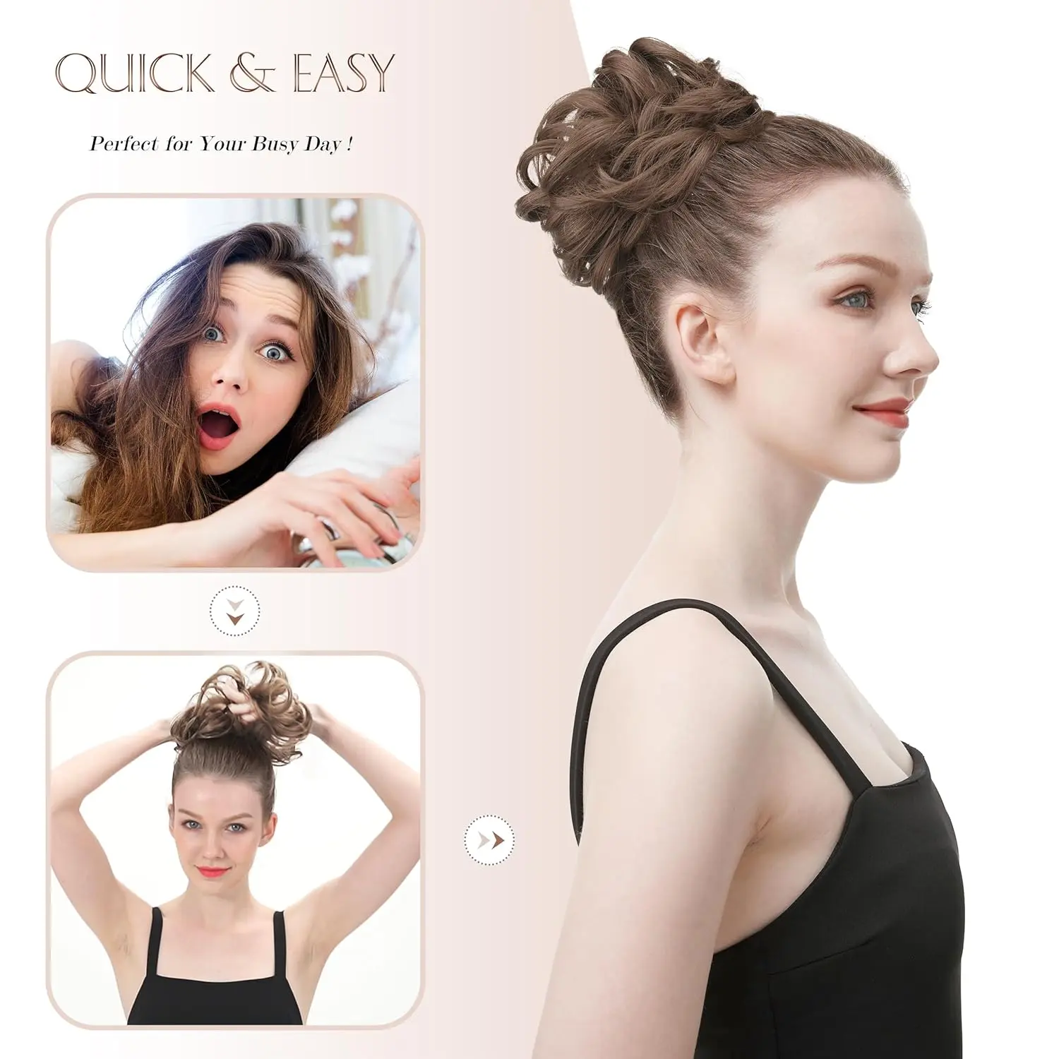 Large gray and white messy bun hair piece creates a voluminous ponytail extension with its wavy, curly synthetic fibers.