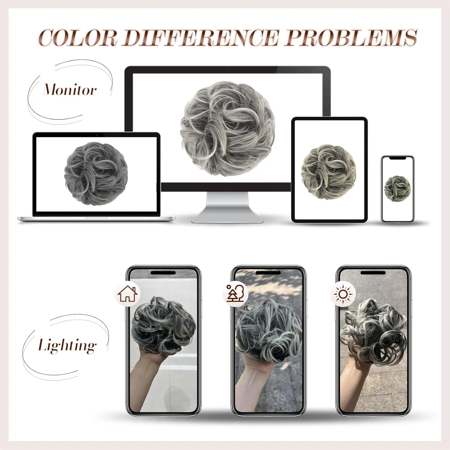 Large gray and white messy bun hair piece creates a voluminous ponytail extension with its wavy, curly synthetic fibers.