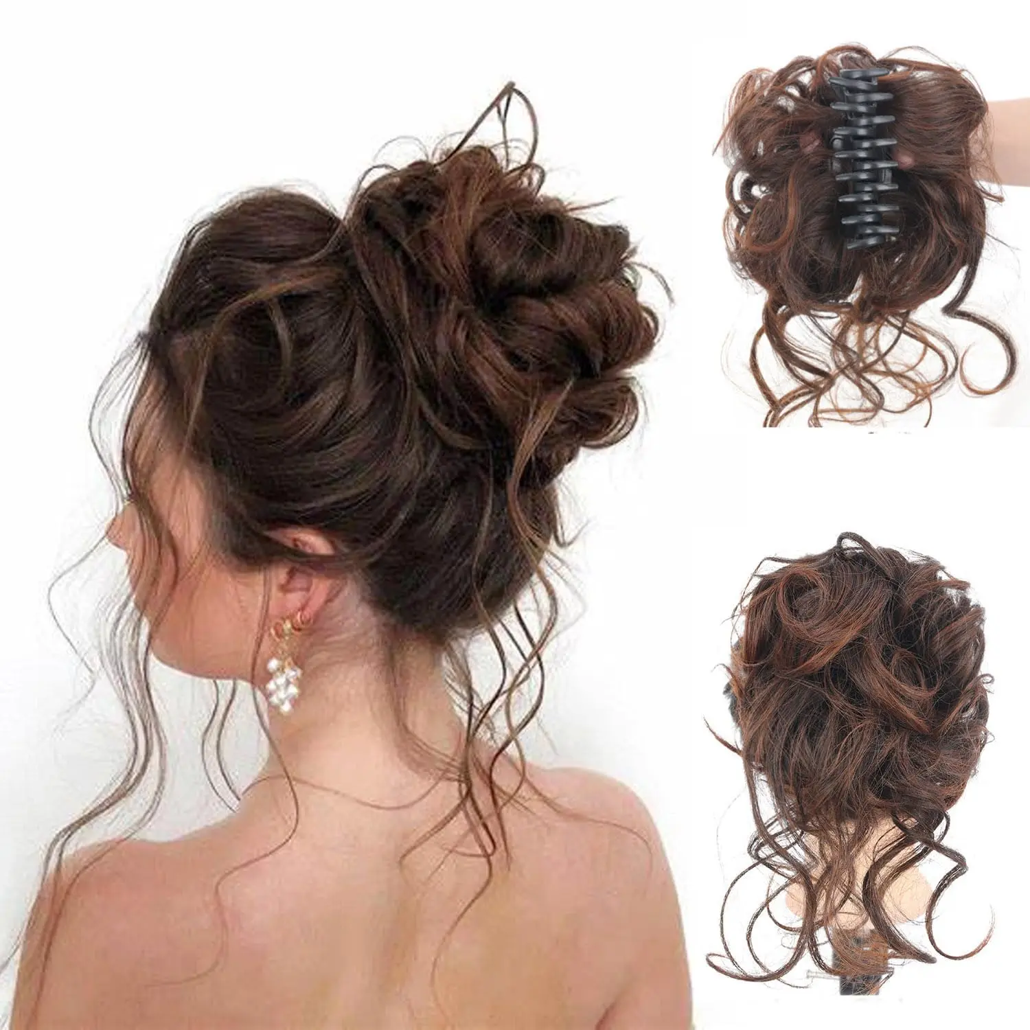 This messy bun hair piece with a claw clip is a synthetic chignon that creates a tousled updo and adds volume with its curly, wavy hair extensions, perfect for a quick and easy hairstyle.
