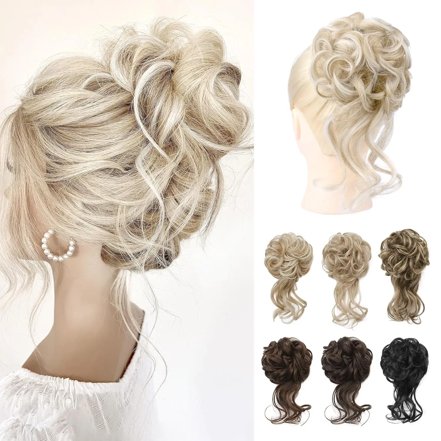 Ash blonde REECHO messy bun hairpiece with highlights adds volume and texture for an effortless updo.
