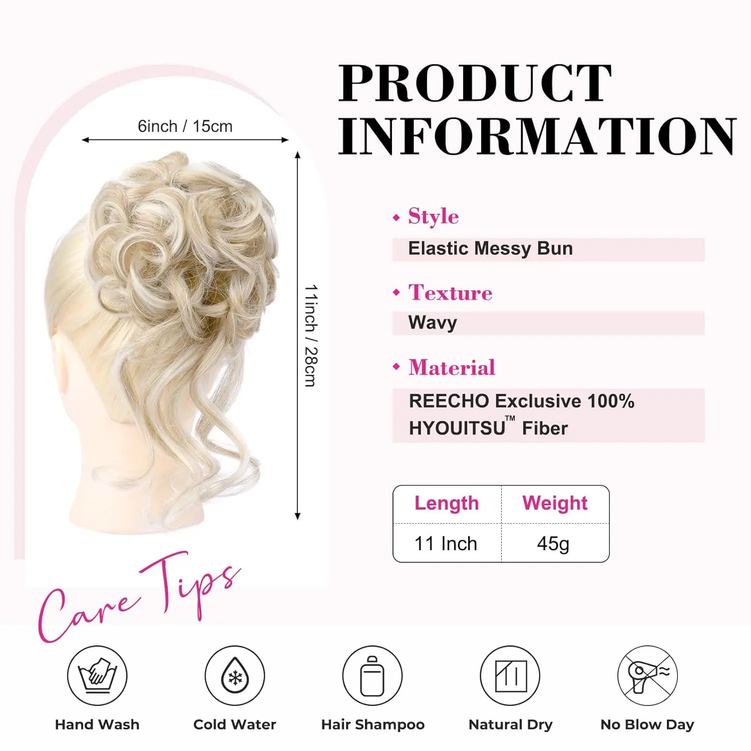 Ash blonde REECHO messy bun hairpiece with highlights adds volume and texture for an effortless updo.