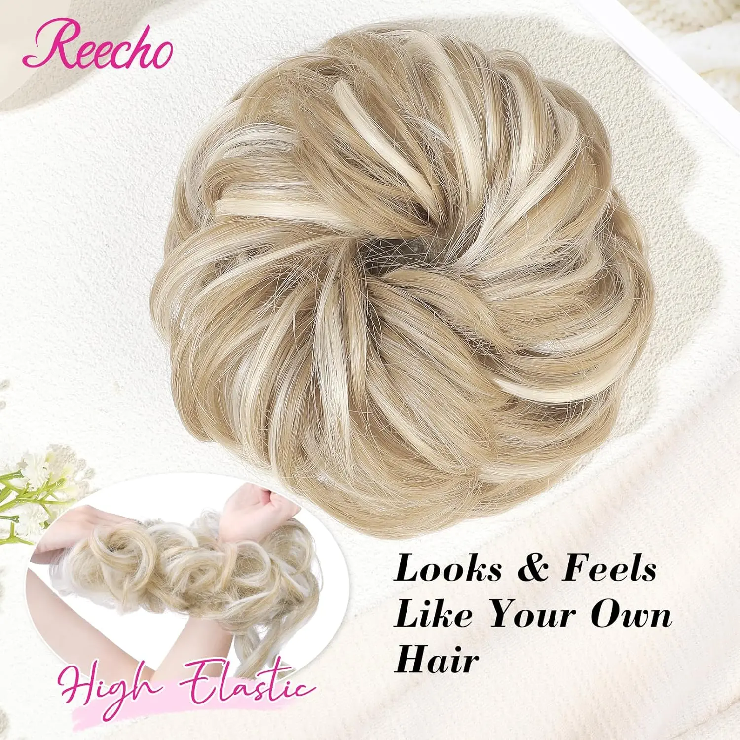 Ash blonde REECHO messy bun hairpiece with highlights adds volume and texture for an effortless updo.