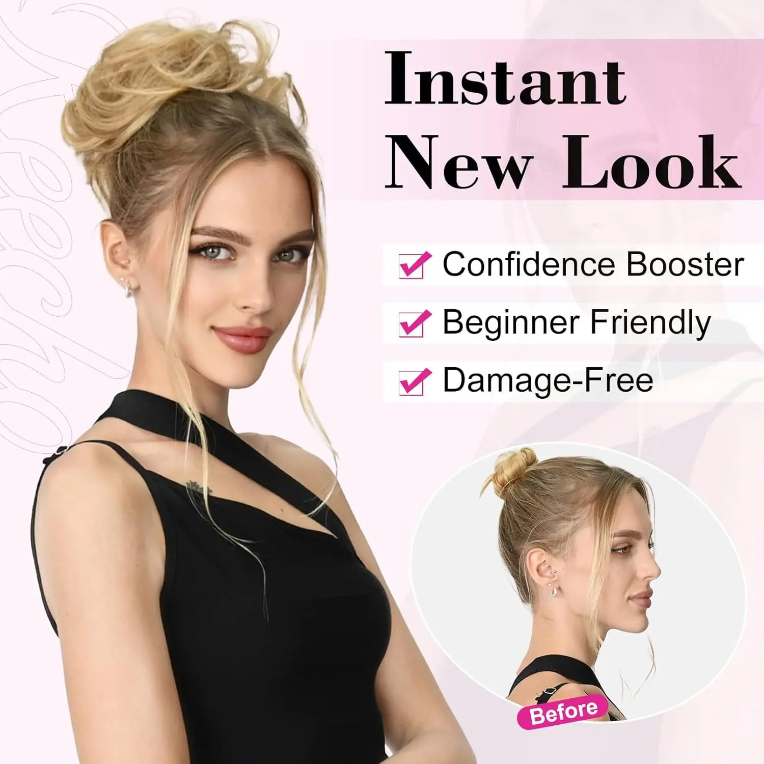 Ash blonde REECHO messy bun hairpiece with highlights adds volume and texture for an effortless updo.