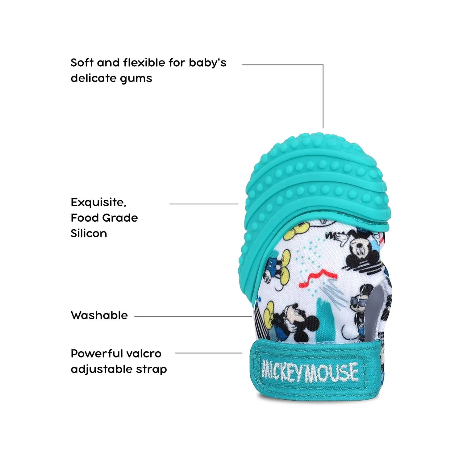 The Disney Mickey Mouse teething mitten is a safe and stimulating chew toy that protects baby's hands while soothing sore gums.