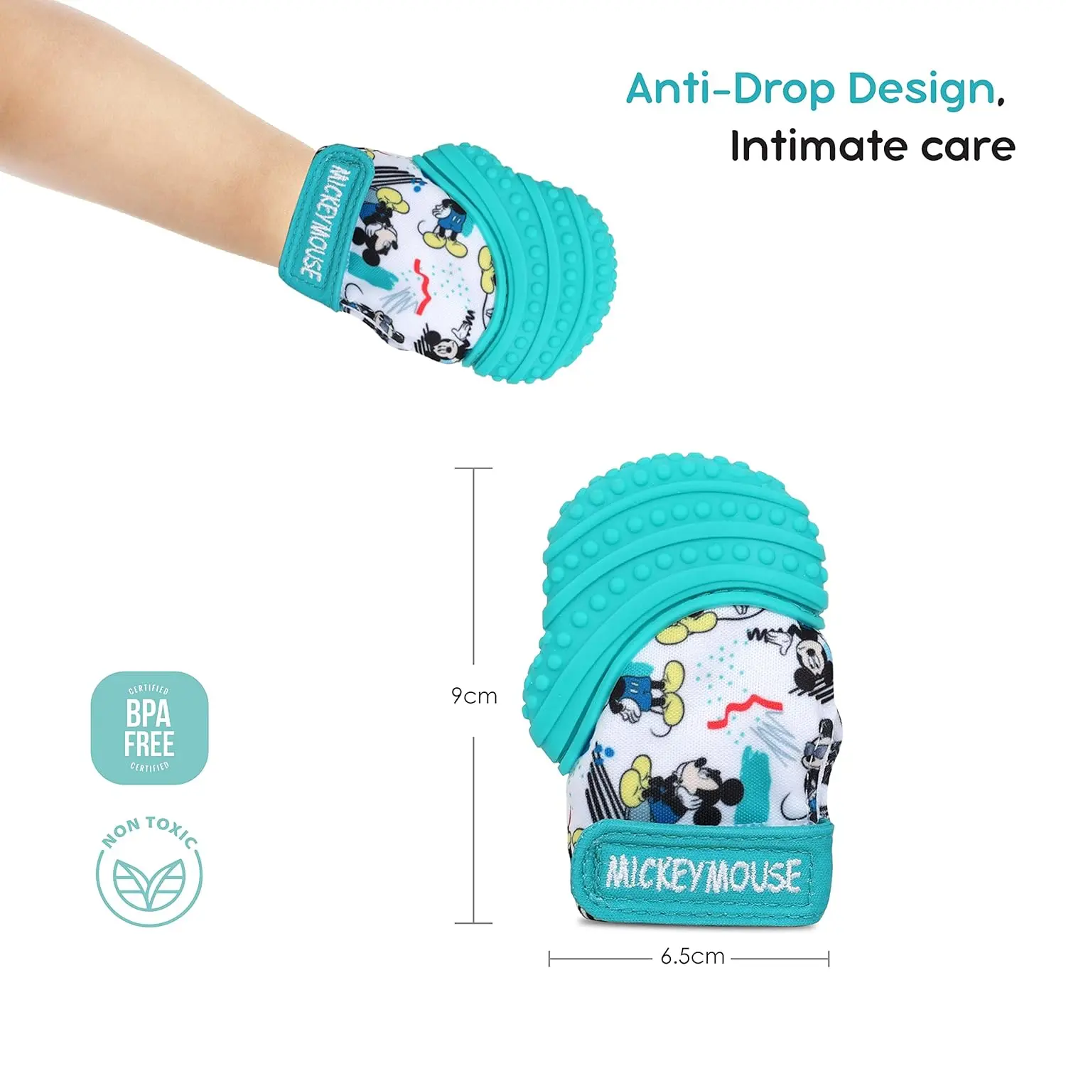 The Disney Mickey Mouse teething mitten is a safe and stimulating chew toy that protects baby's hands while soothing sore gums.