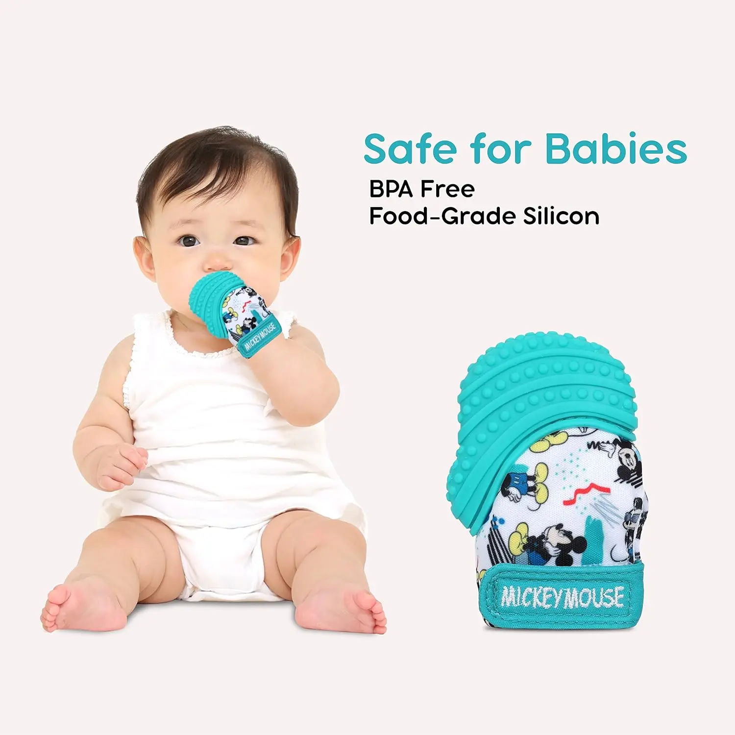 The Disney Mickey Mouse teething mitten is a safe and stimulating chew toy that protects baby's hands while soothing sore gums.